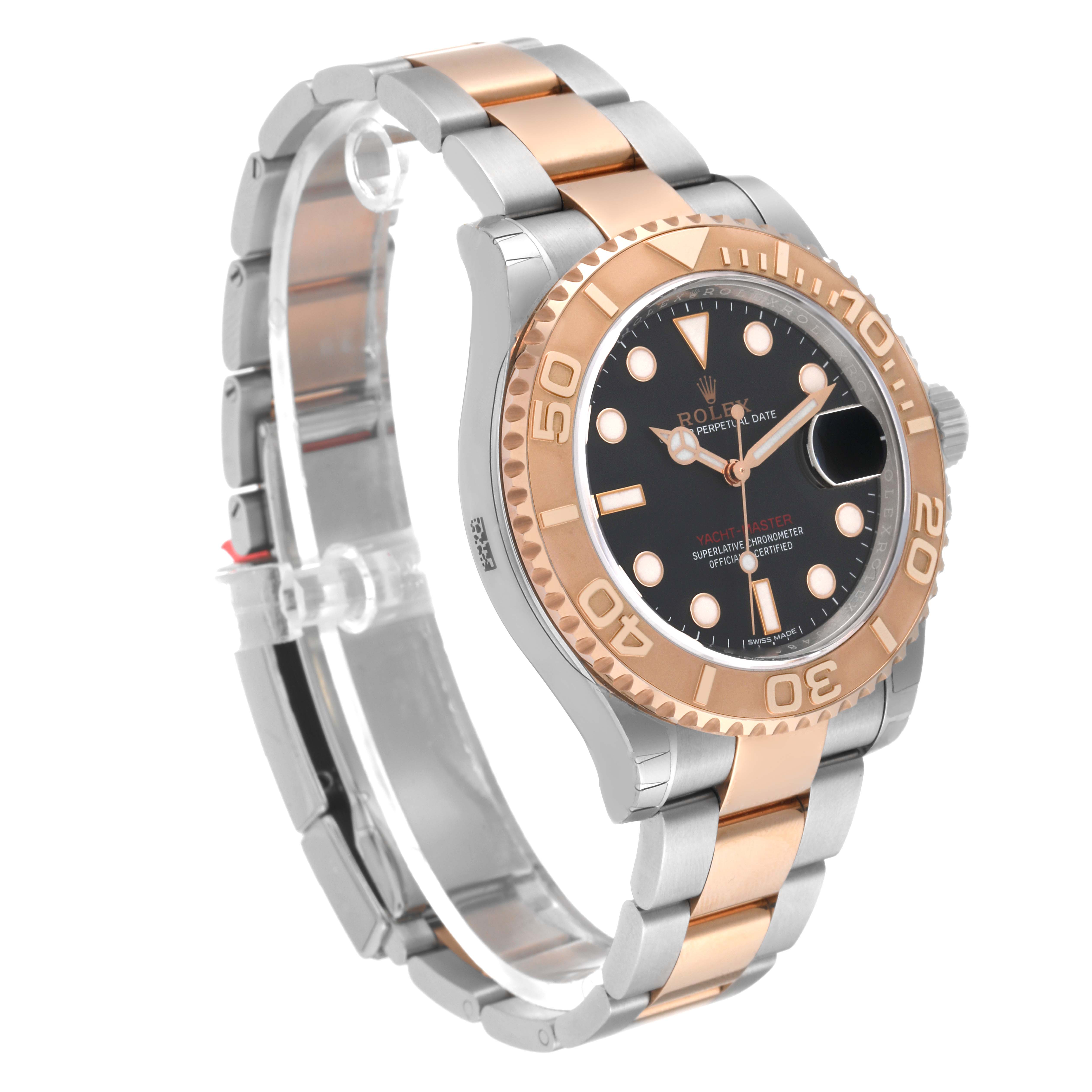 The Rolex Yacht-Master 116621 Men's Steel and Gold (two tone) Black Dial 116621 Men's Steel and Gold (two tone) Black Dial watch is shown at a three-quarter angle, displaying its bezel, dial, and two-tone bracelet.