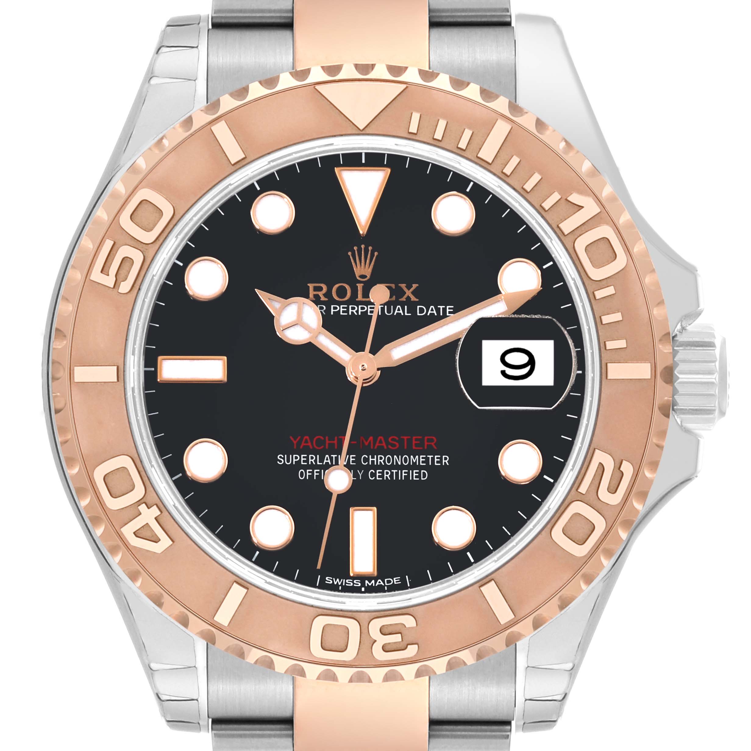 This image shows a front view of the Rolex Yacht-Master 116621 Men's Steel and Gold (two tone) Black Dial 116621 Men's Steel and Gold (two tone) Black Dial watch, highlighting the dial, bezel, and part of the bracelet.