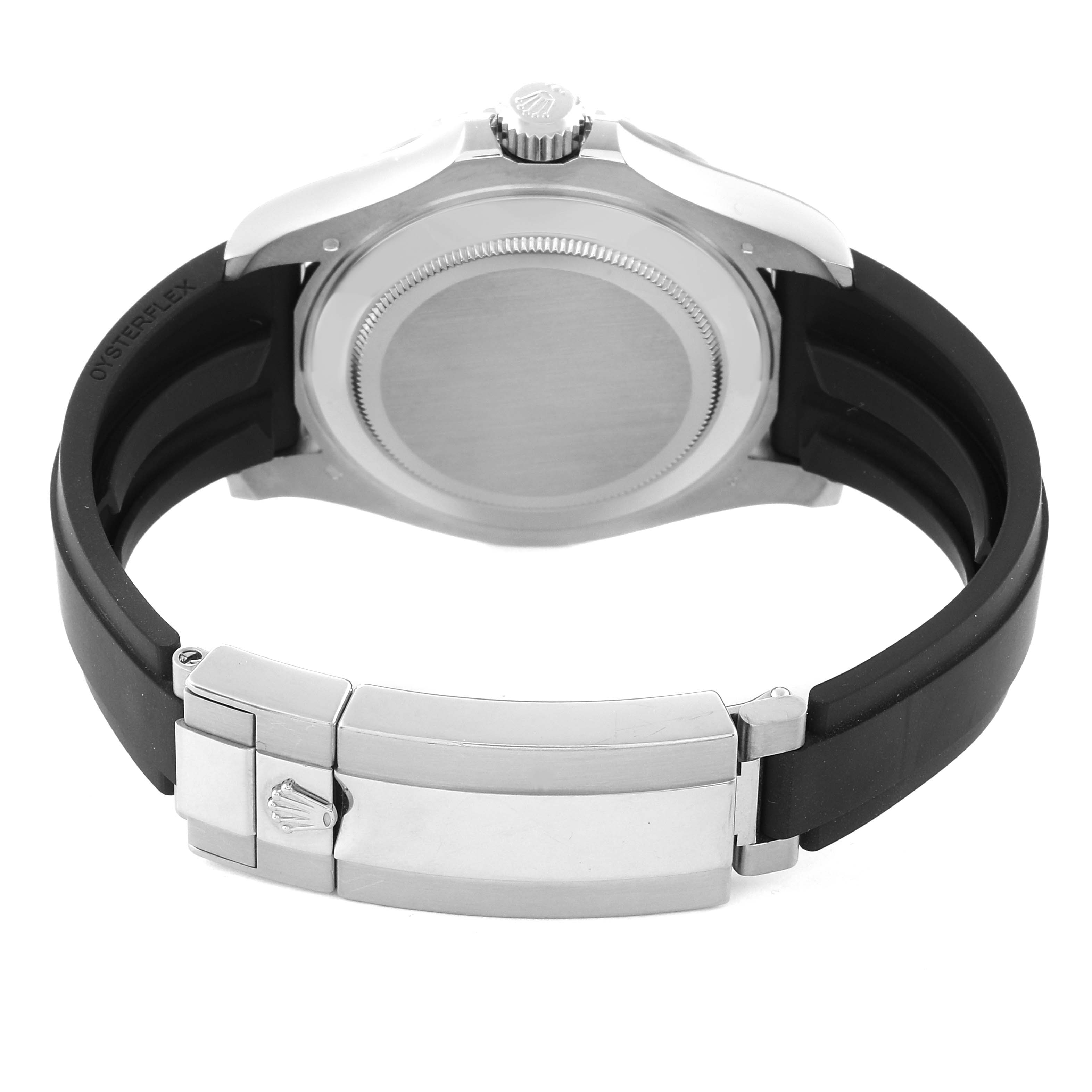 The image shows the back and clasp of a Rolex Yacht-Master 226659 Men's White Gold Black Dial 226659 Men's White Gold Black Dial watch, highlighting its Oysterflex strap and case back.