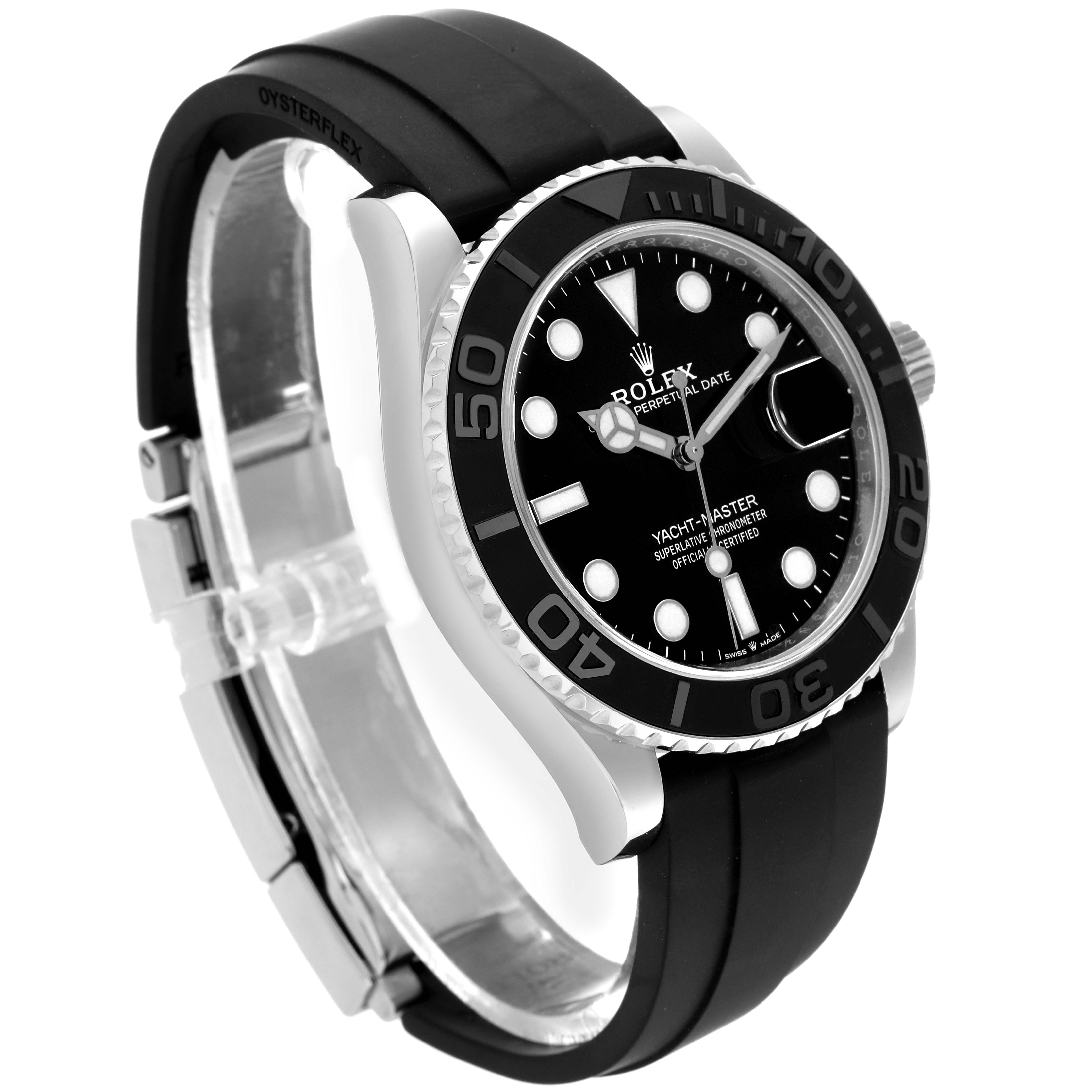 The Rolex Yacht-Master 226659 Men's White Gold Black Dial 226659 Men's White Gold Black Dial watch is shown from an angled side view, highlighting its black dial, bezel, and rubber strap.