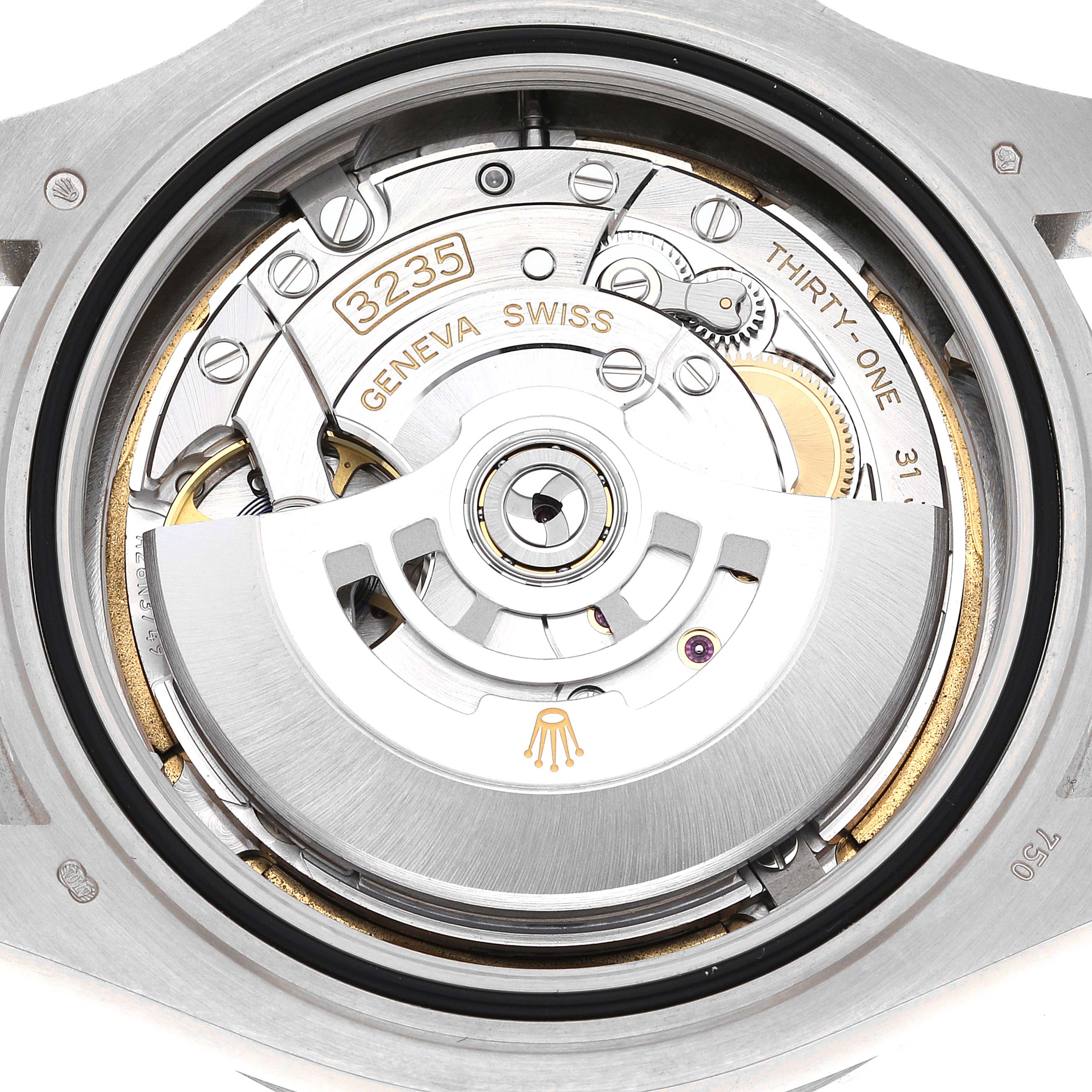 This image shows the internal mechanism and automatic movement of the Rolex Yacht-Master 226659 Men's White Gold Black Dial 226659 Men's White Gold Black Dial model, viewed from the back.