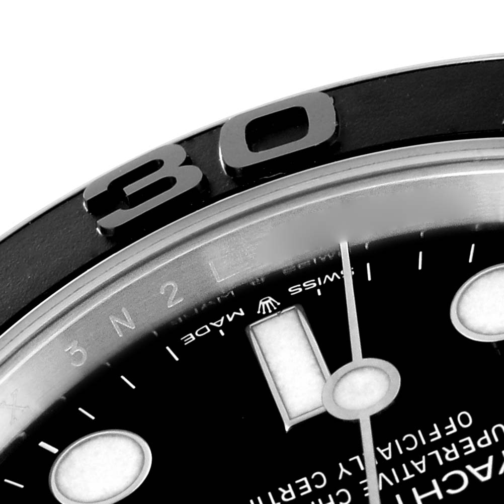 This image shows a close-up of the dial and bezel of a Rolex Yacht-Master 226659 Men's White Gold Black Dial 226659 Men's White Gold Black Dial watch at an angle emphasizing the "30" minute marker and "Swiss Made" text.