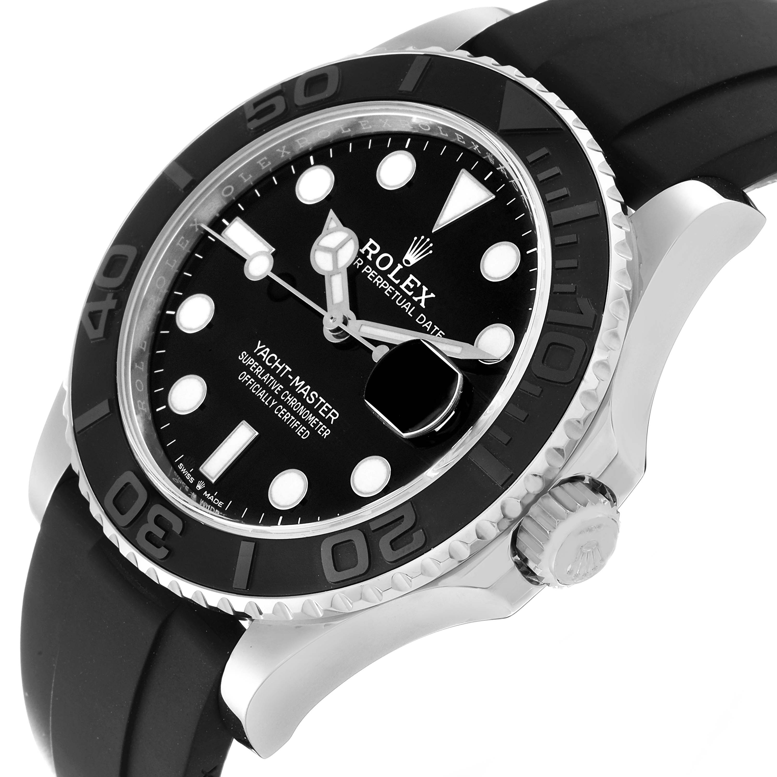 The Rolex Yacht-Master 226659 Men's White Gold Black Dial 226659 Men's White Gold Black Dial watch is shown from a front-side angle, highlighting the face, bezel, and part of the strap.