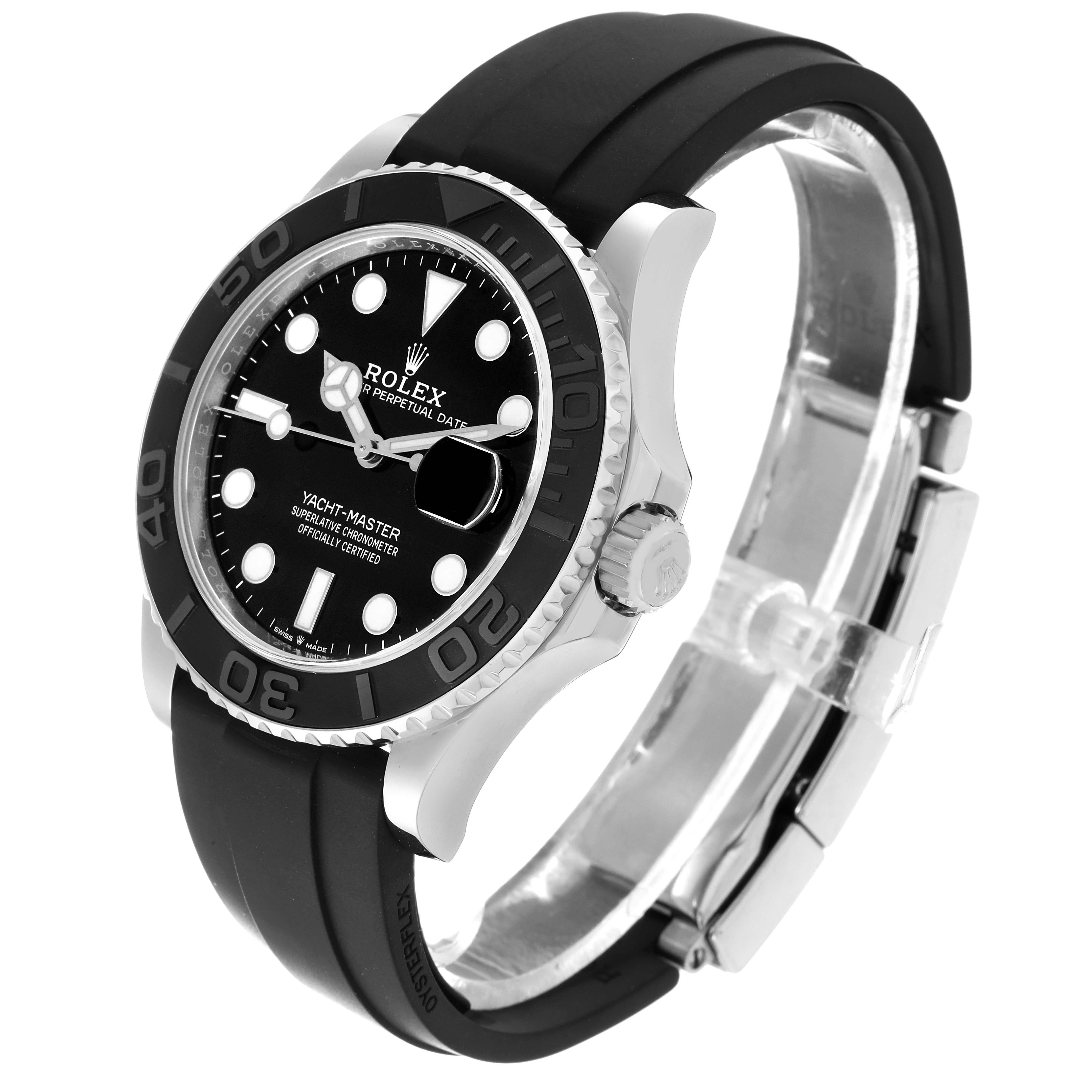 The image shows a side angle of a Rolex Yacht-Master 226659 Men's White Gold Black Dial 226659 Men's White Gold Black Dial watch, displaying its face, bezel, crown, and rubber strap.