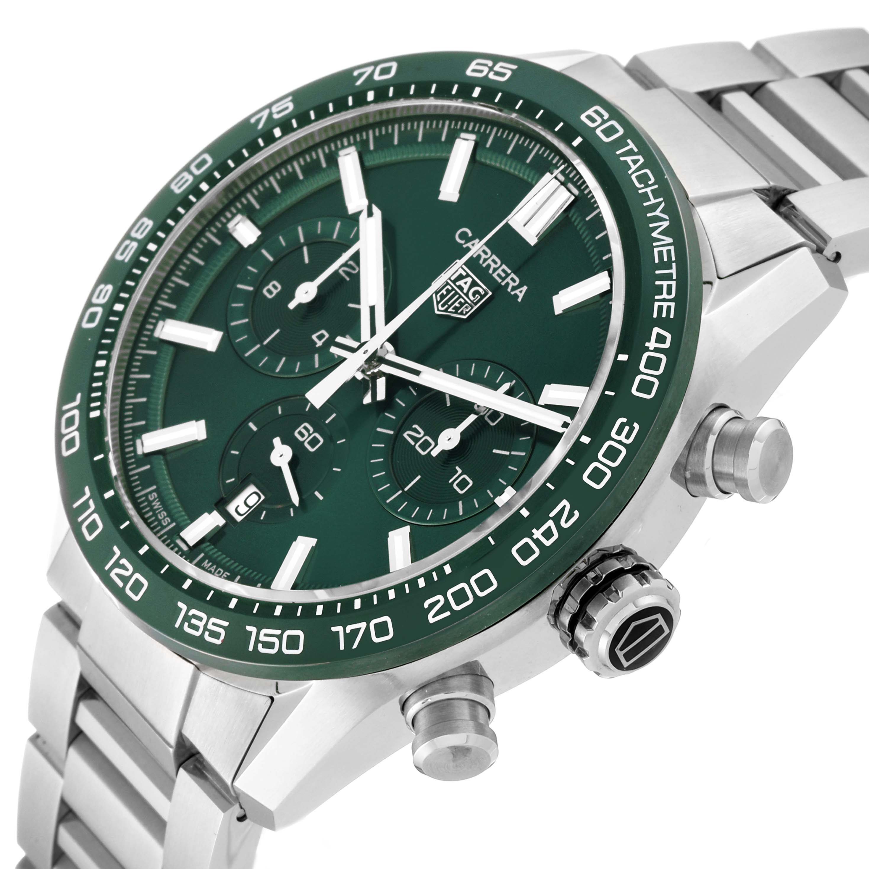 The image shows a Tag Heuer Carrera CBN2A1N Men's Stainless Steel Green Dial CBN2A1N Men's Stainless Steel Green Dial watch from an angle highlighting its green dial, tachymeter bezel, and stainless steel bracelet.