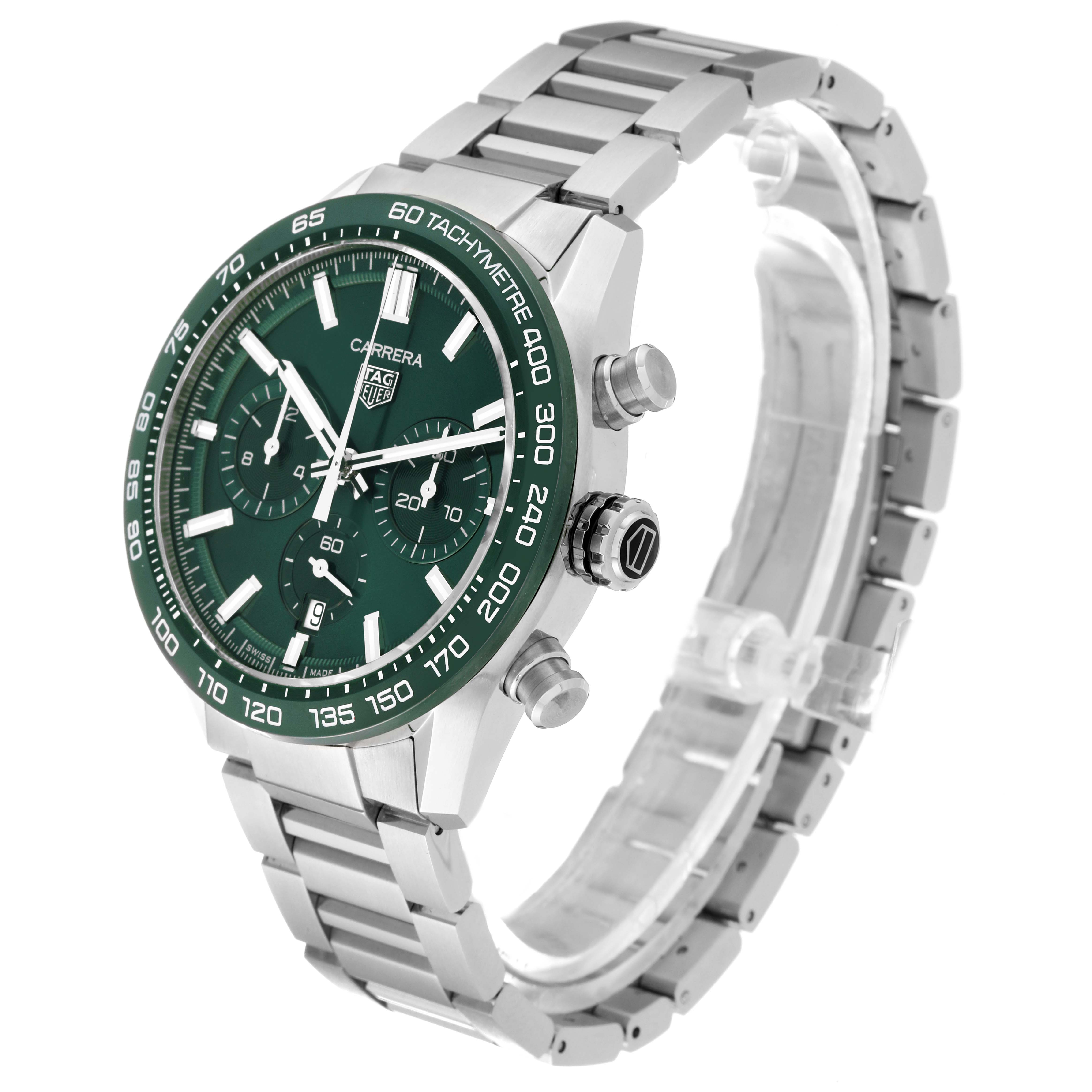 The image shows a side angle view of the Tag Heuer Carrera CBN2A1N Men's Stainless Steel Green Dial CBN2A1N Men's Stainless Steel Green Dial model watch, highlighting its green dial, tachymeter bezel, and stainless steel bracelet.