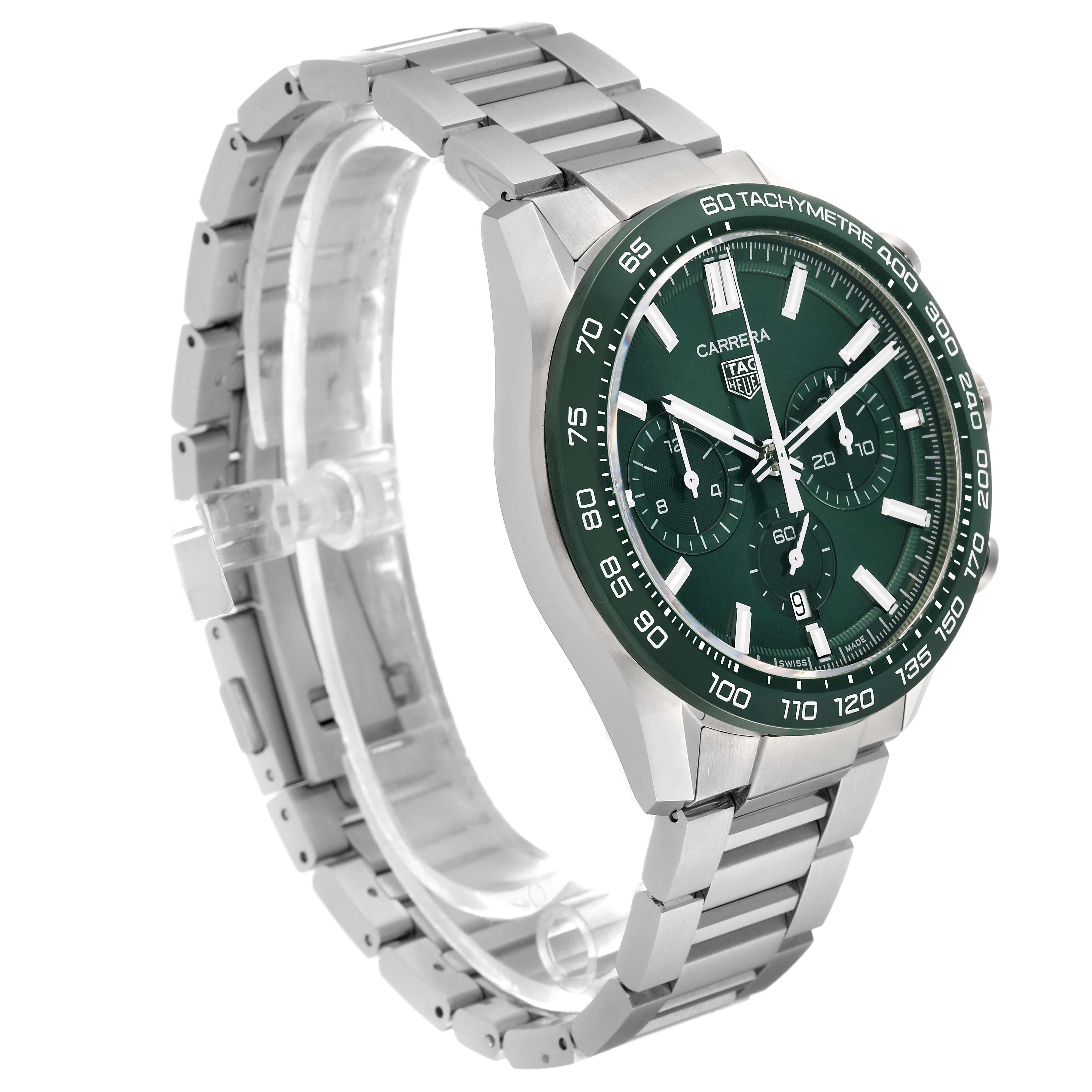 The image shows a Tag Heuer Carrera CBN2A1N Men's Stainless Steel Green Dial CBN2A1N Men's Stainless Steel Green Dial watch with a green dial and stainless steel band at a side angle.