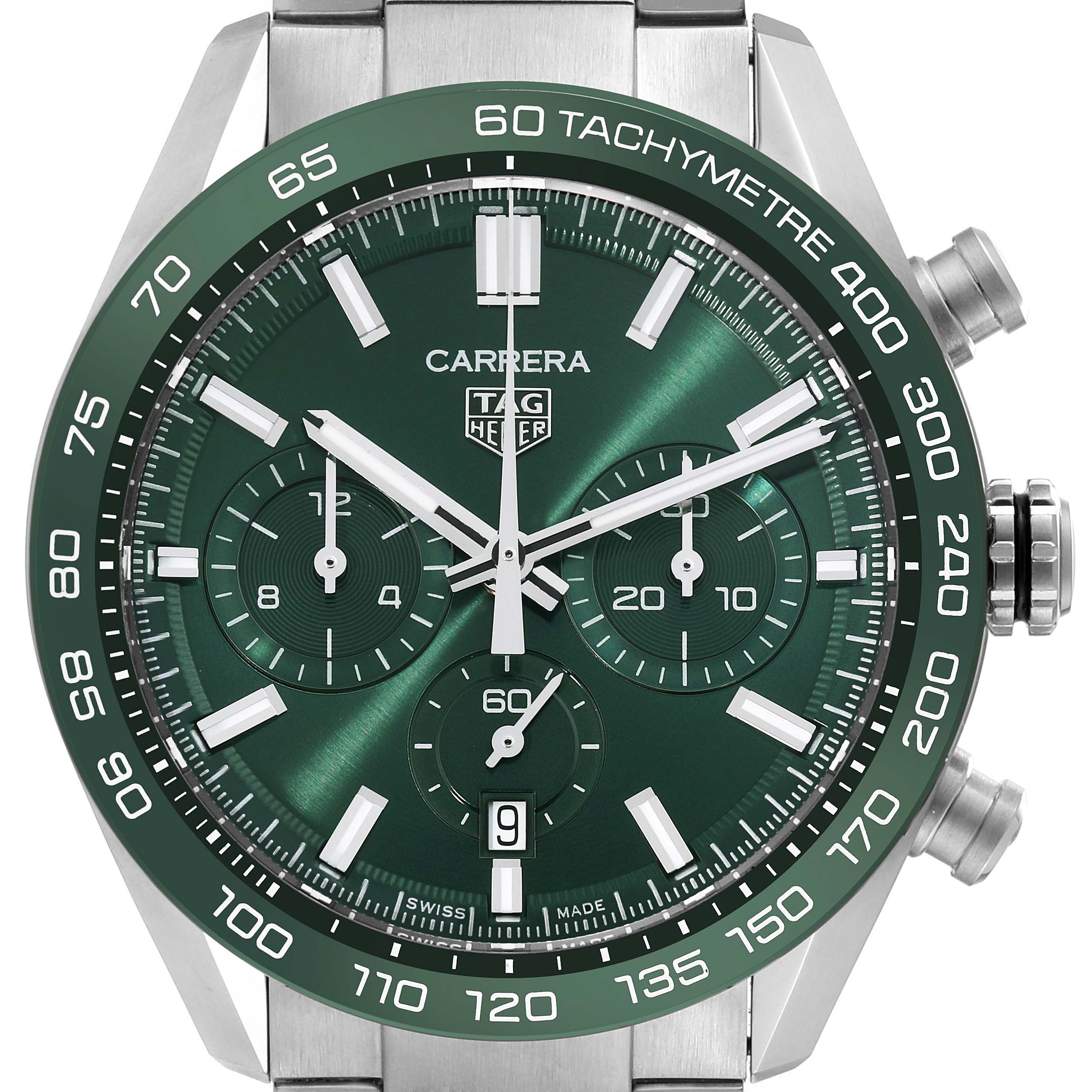 The image shows a close-up, front view of a Tag Heuer Carrera CBN2A1N Men's Stainless Steel Green Dial CBN2A1N Men's Stainless Steel Green Dial watch with a green dial and tachymeter bezel.