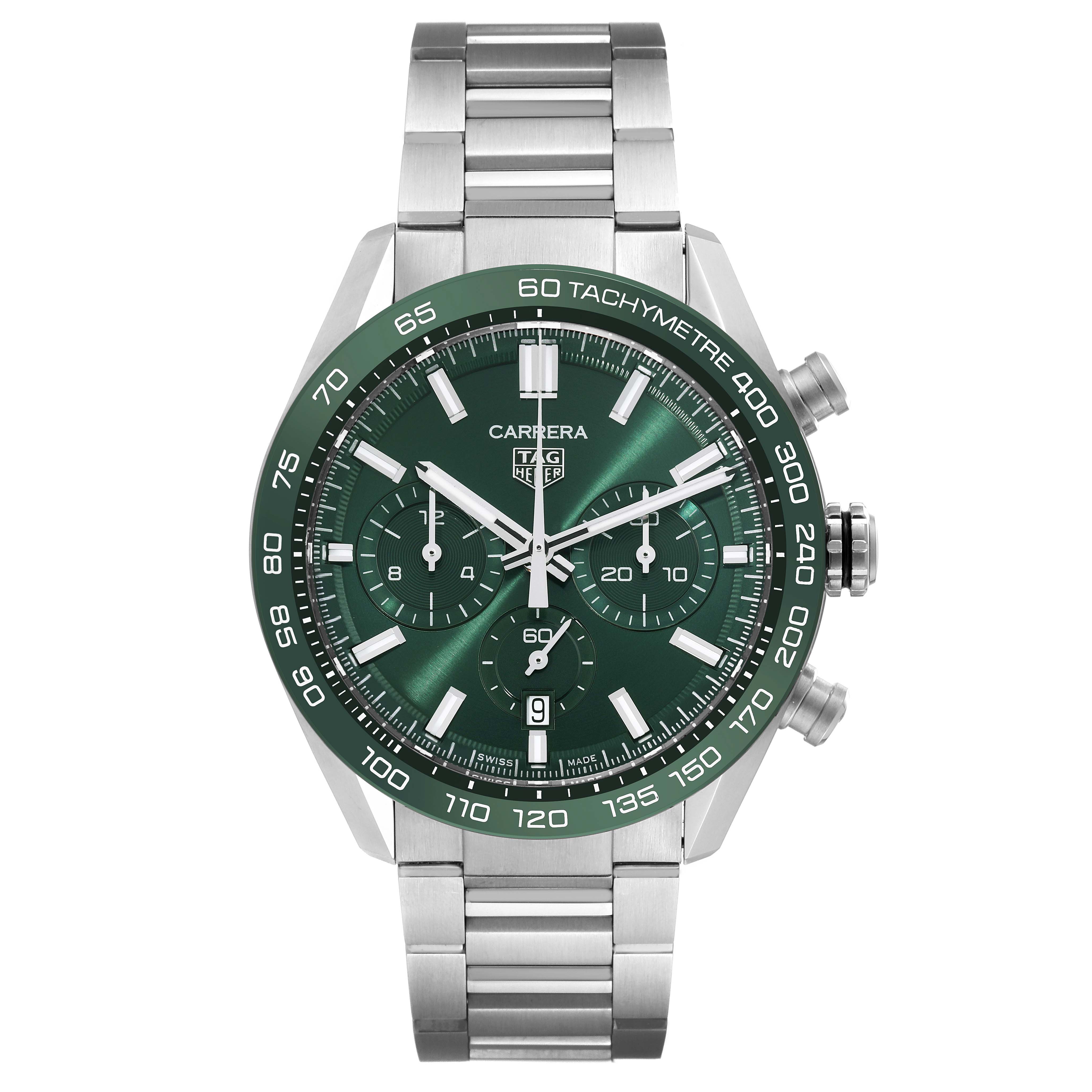 The image shows a front view of the Tag Heuer Carrera CBN2A1N Men's Stainless Steel Green Dial CBN2A1N Men's Stainless Steel Green Dial watch with a green dial, tachymeter bezel, and stainless steel bracelet.
