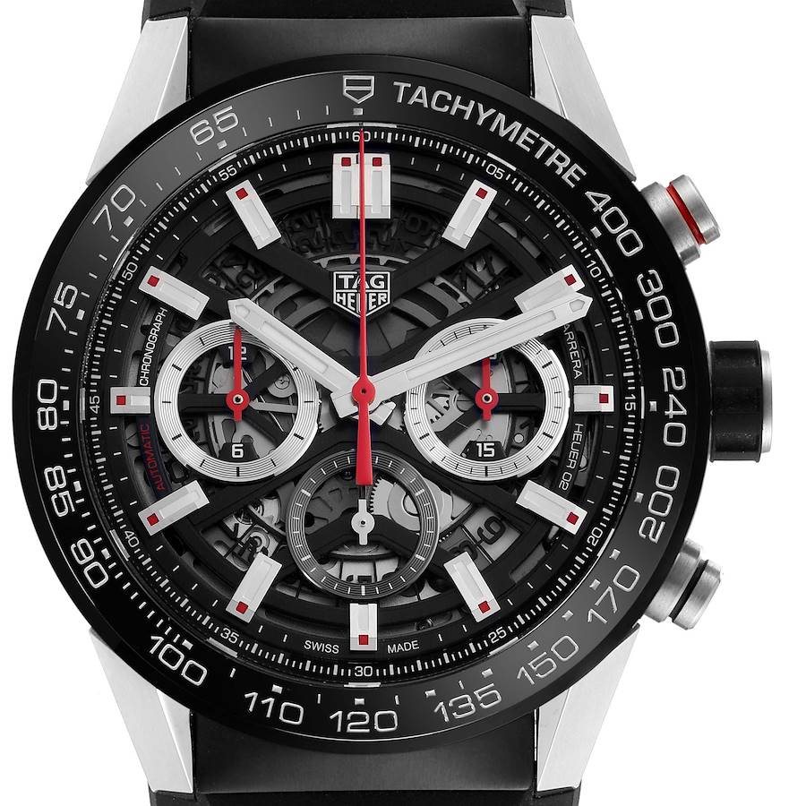 The image shows a close-up, front view of a Tag Heuer Carrera watch, highlighting its dial and tachymeter bezel.