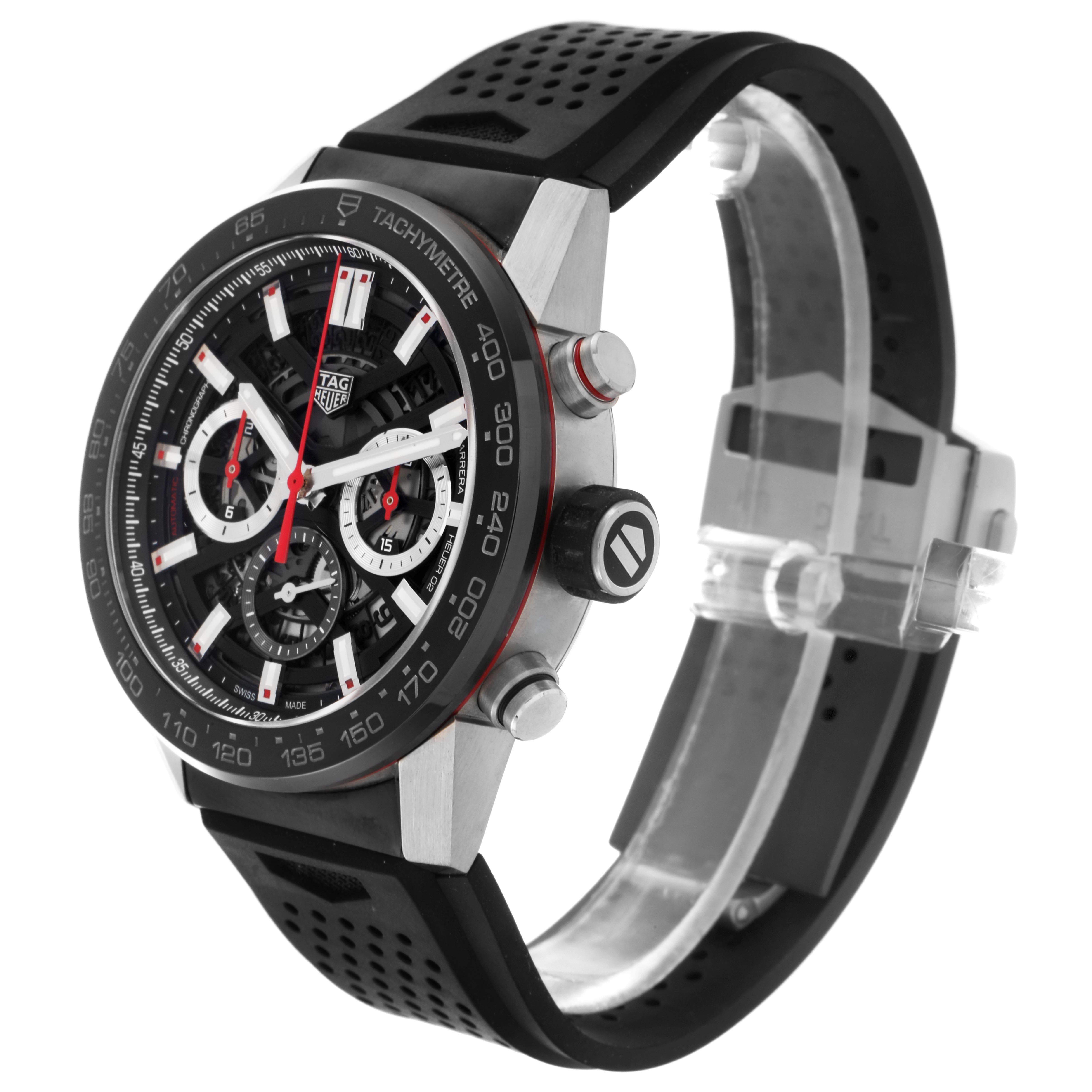 The Tag Heuer Carrera CBG2A10.FT6168 Men's Stainless Steel Transparent Dial CBG2A10.FT6168 Men's Stainless Steel Transparent Dial watch is shown from a side angle, highlighting its tachymeter bezel, chronograph dials, and rubber strap.