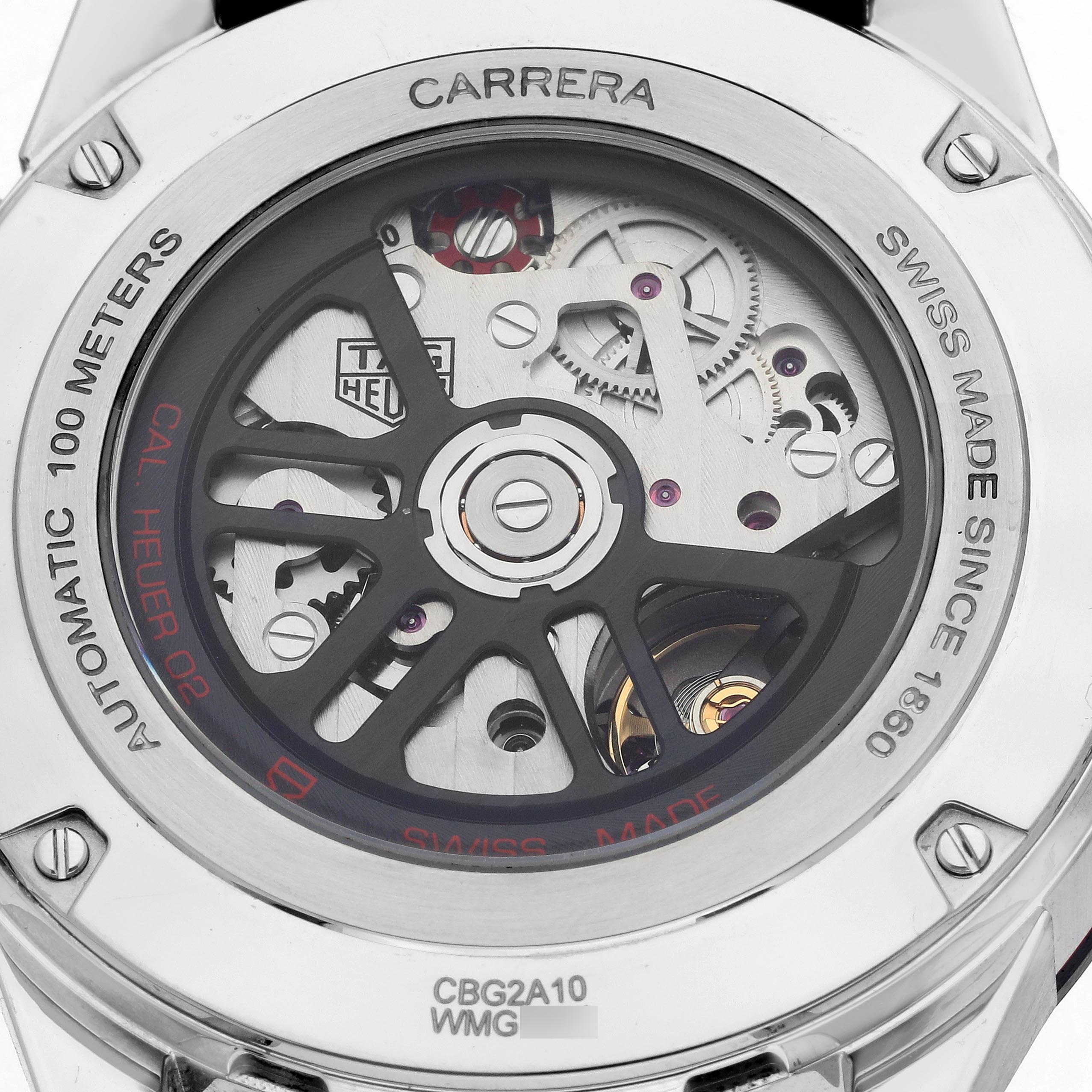The image shows the back of a Tag Heuer Carrera CBG2A10.FT6168 Men's Stainless Steel Transparent Dial CBG2A10.FT6168 Men's Stainless Steel Transparent Dial watch, highlighting the movement and rotor.