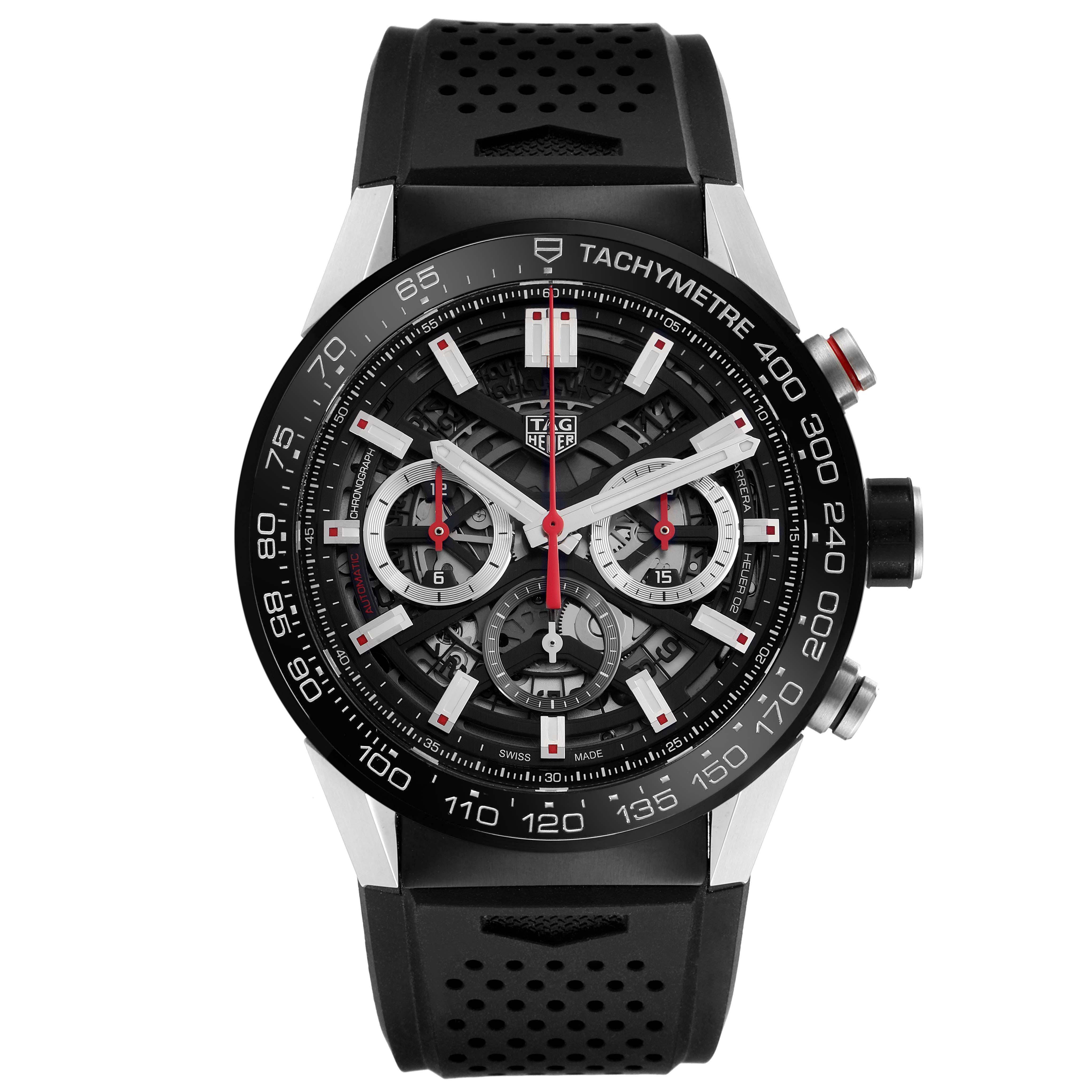 The image shows a frontal view of a Tag Heuer Carrera CBG2A10.FT6168 Men's Stainless Steel Transparent Dial CBG2A10.FT6168 Men's Stainless Steel Transparent Dial watch, highlighting the dial, bezel, and black strap.
