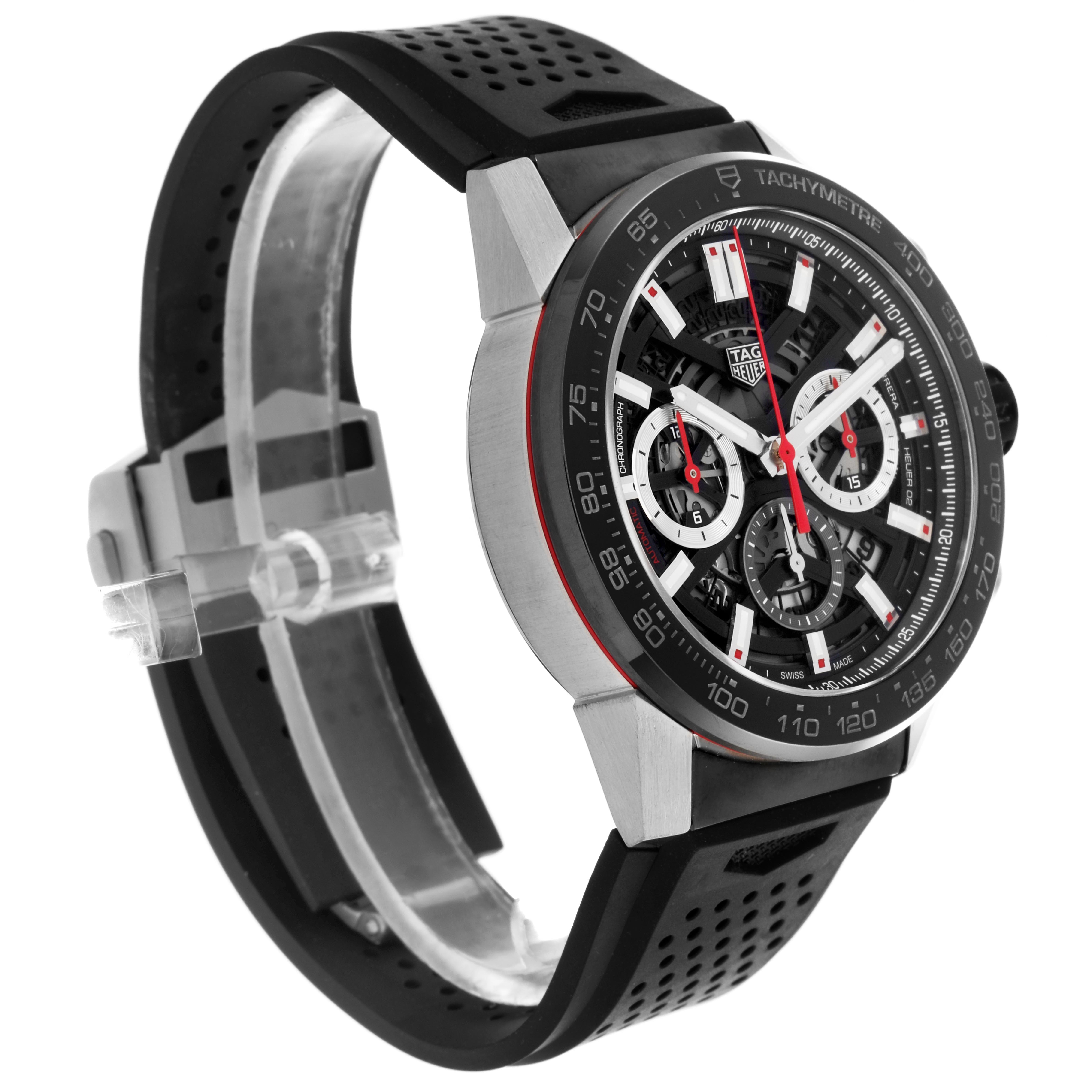 The Tag Heuer Carrera CBG2A10.FT6168 Men's Stainless Steel Transparent Dial CBG2A10.FT6168 Men's Stainless Steel Transparent Dial watch is shown at a three-quarter angle, featuring the dial, bezel, and strap.