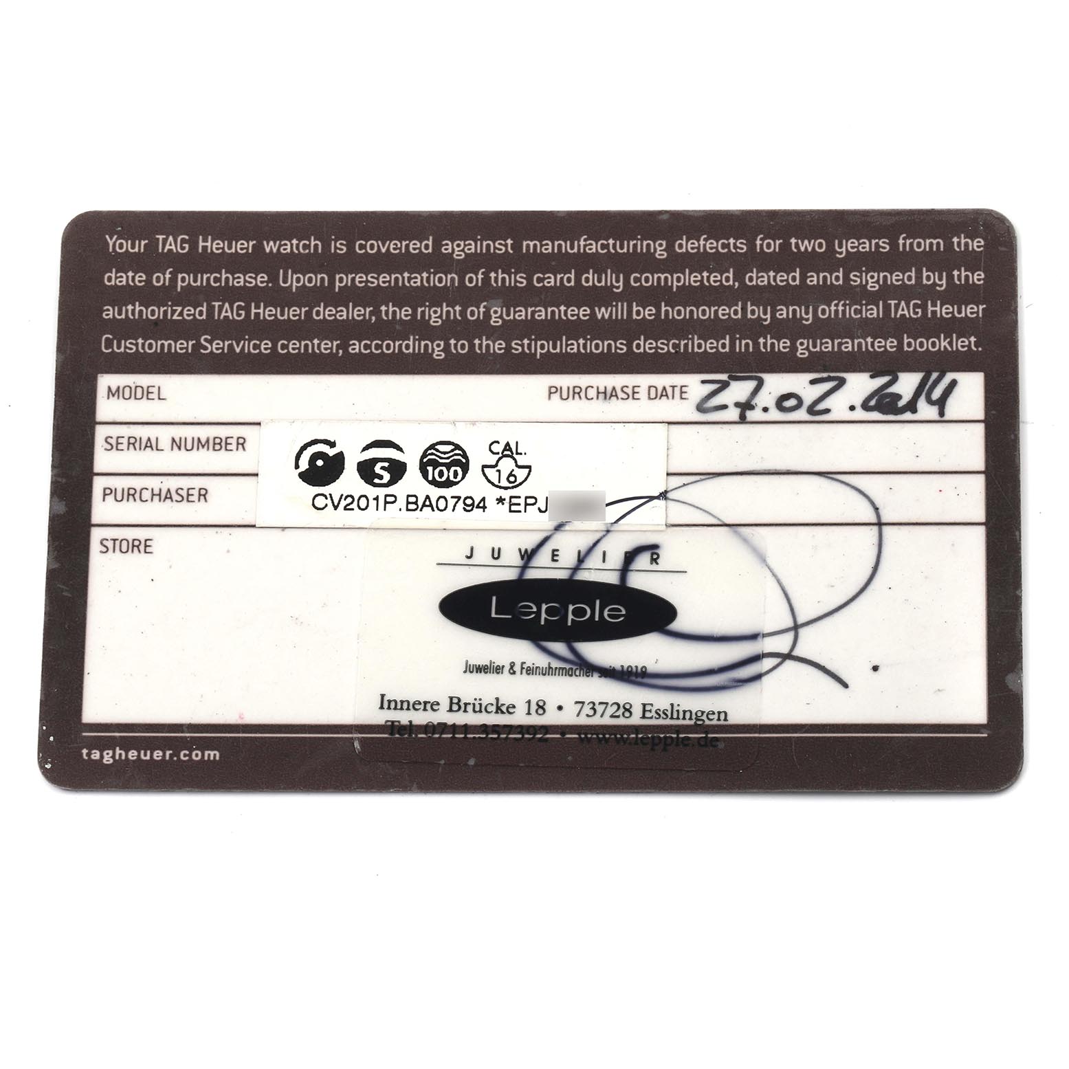 The image shows a Tag Heuer Carrera CV201P.BA0794 Men
s Stainless Steel Mother of Pearl Dial CV201P.BA0794 Men
s Stainless Steel Mother of Pearl Dial warranty card with serial number and purchase date details.