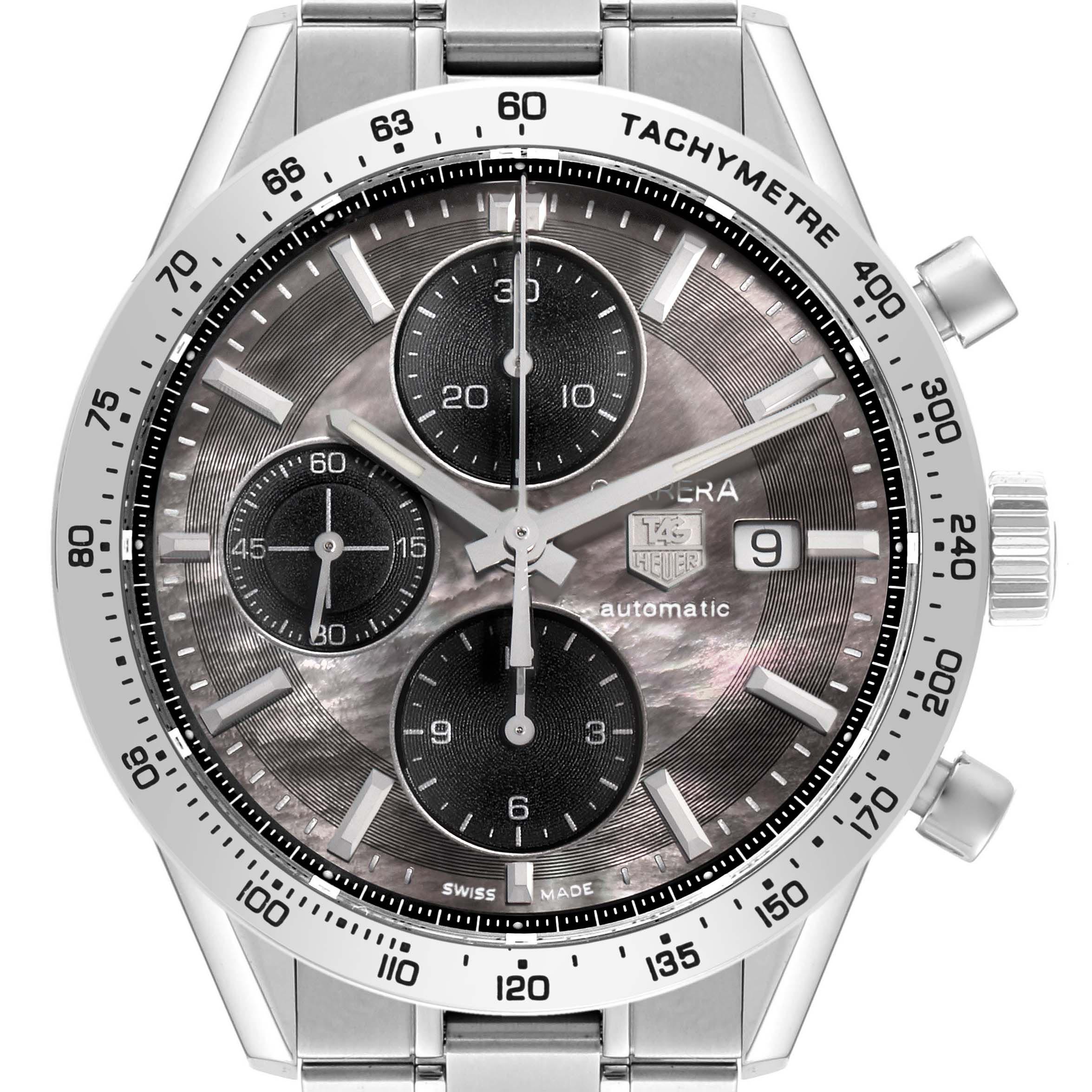 The Tag Heuer Carrera CV201P.BA0794 Men
s Stainless Steel Mother of Pearl Dial CV201P.BA0794 Men
s Stainless Steel Mother of Pearl Dial watch is shown from the front, highlighting its tachymeter bezel, three subdials, and date display.