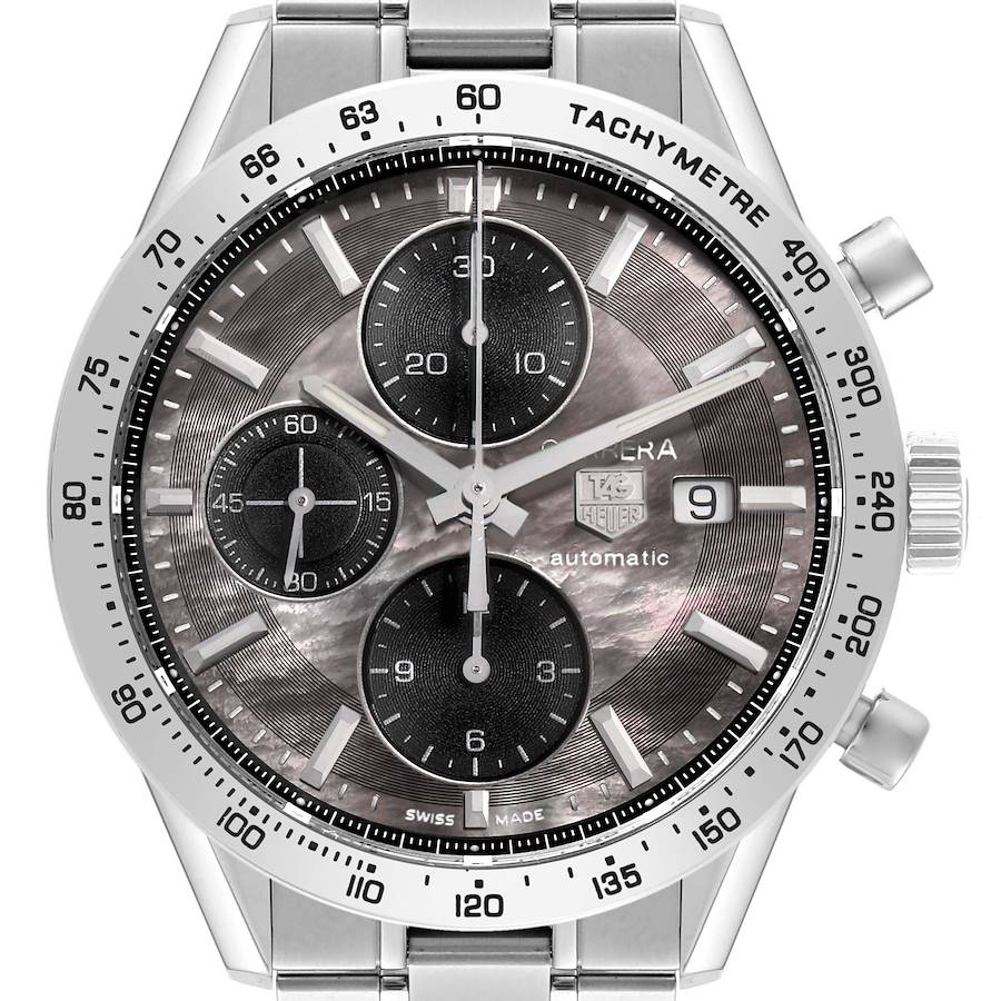 The Tag Heuer Carrera watch is shown from the front, highlighting its tachymeter bezel, three subdials, and date display.