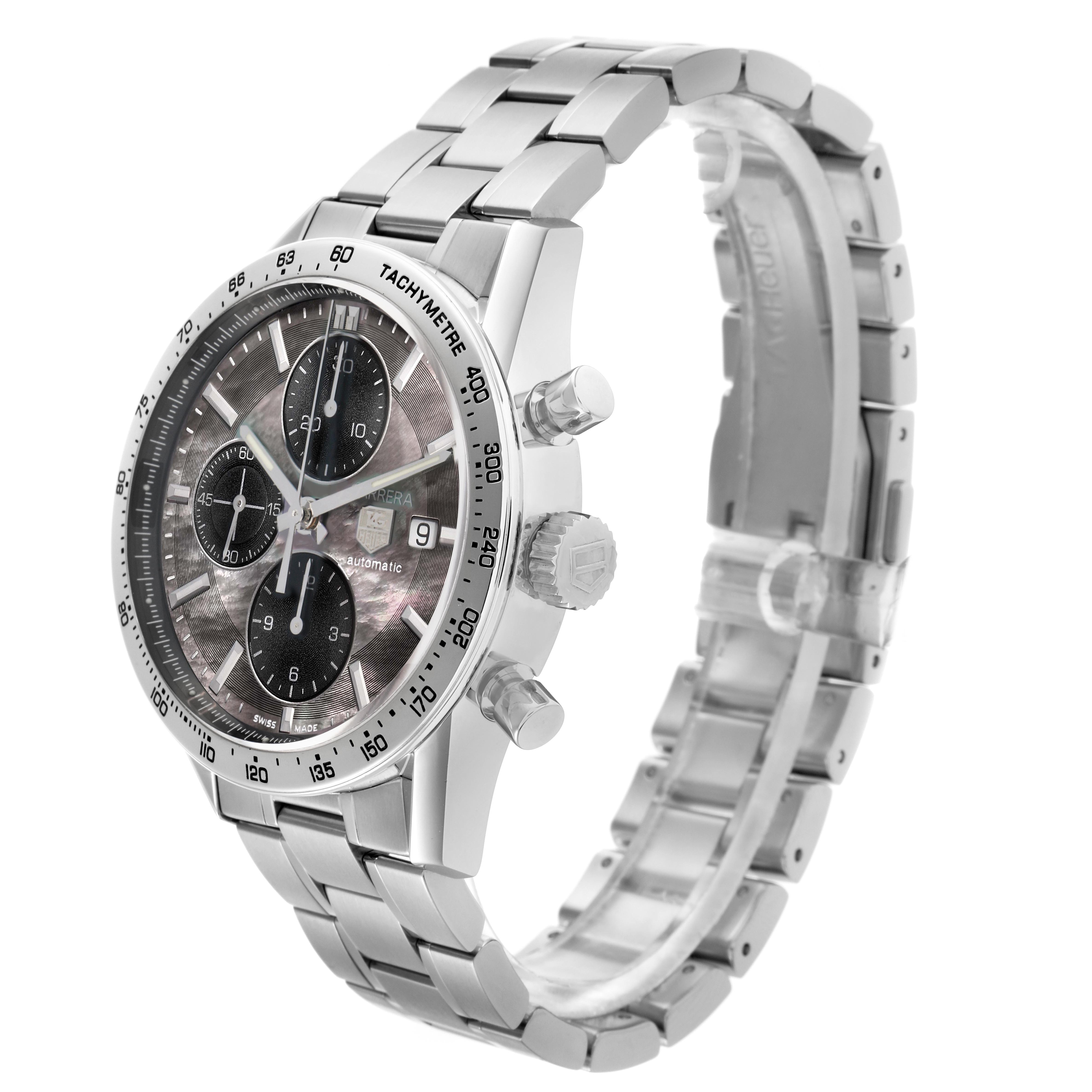 The image shows the Tag Heuer Carrera CV201P.BA0794 Men
s Stainless Steel Mother of Pearl Dial CV201P.BA0794 Men
s Stainless Steel Mother of Pearl Dial watch at a three-quarter angle, highlighting the dial, bezel, crown, and bracelet.