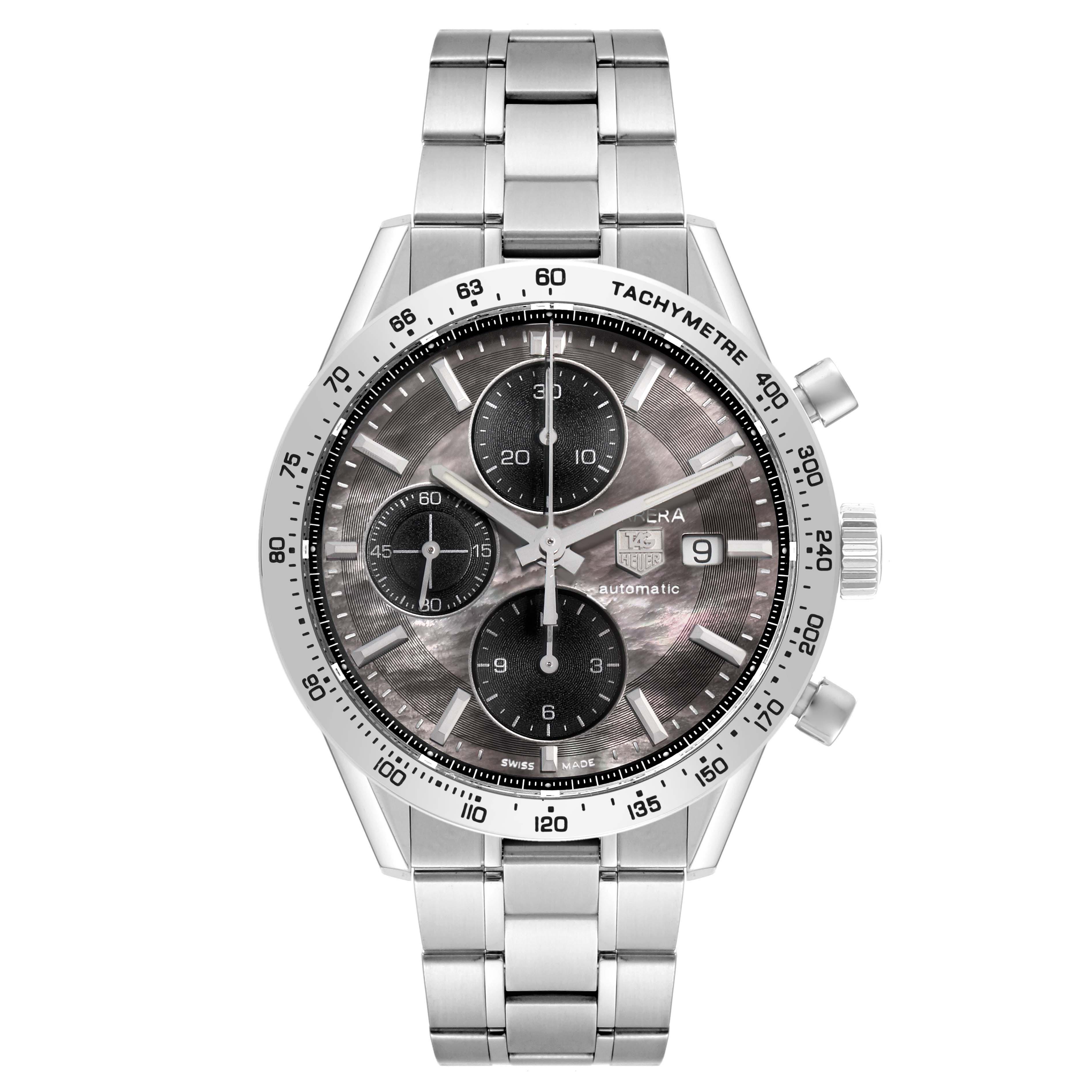 The image shows a front view of the Tag Heuer Carrera CV201P.BA0794 Men
s Stainless Steel Mother of Pearl Dial CV201P.BA0794 Men
s Stainless Steel Mother of Pearl Dial watch, displaying the face, bezel, crown, and part of the bracelet.