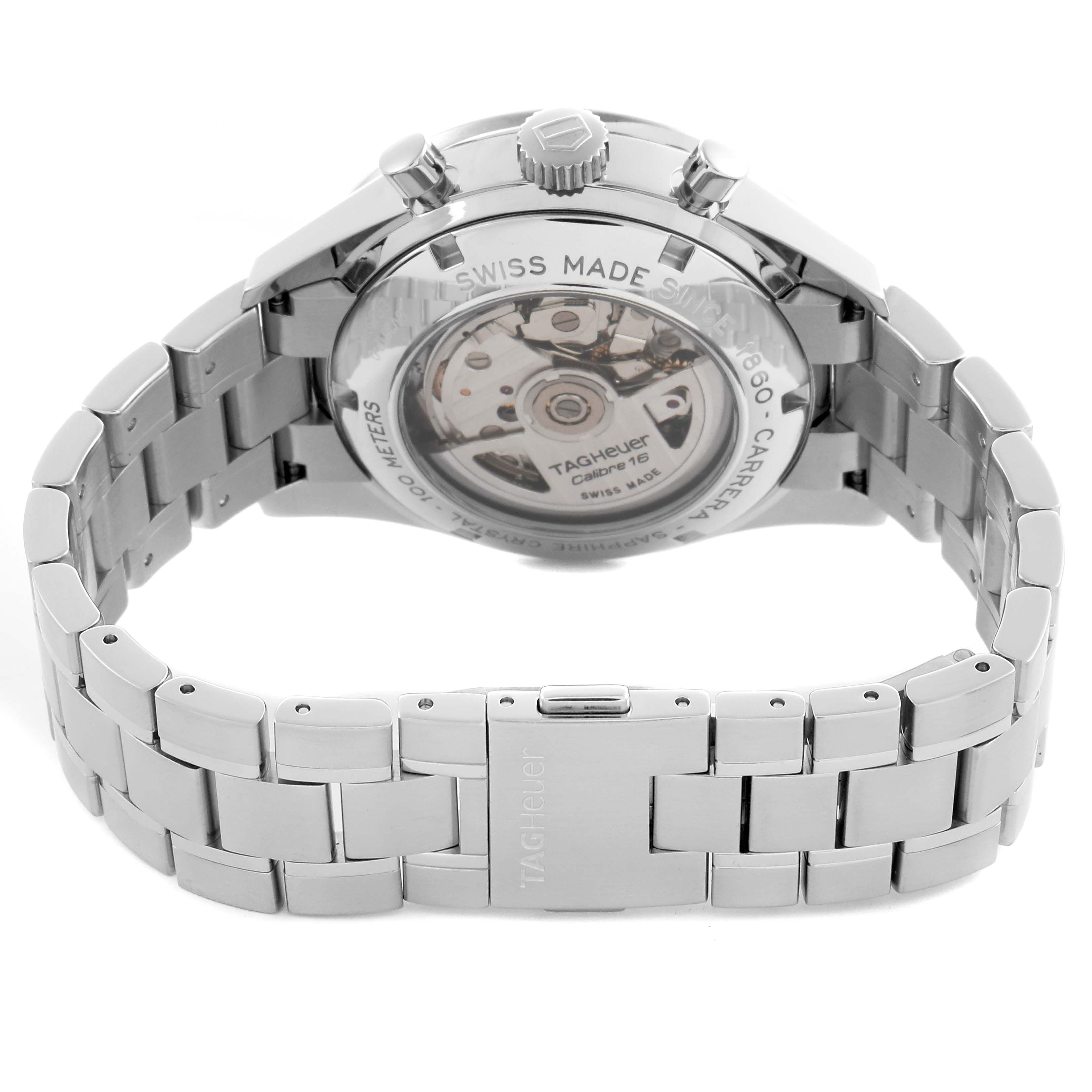 The image shows the back view of the Tag Heuer Carrera CV201P.BA0794 Men
s Stainless Steel Mother of Pearl Dial CV201P.BA0794 Men
s Stainless Steel Mother of Pearl Dial watch, highlighting its stainless steel bracelet and open case back.