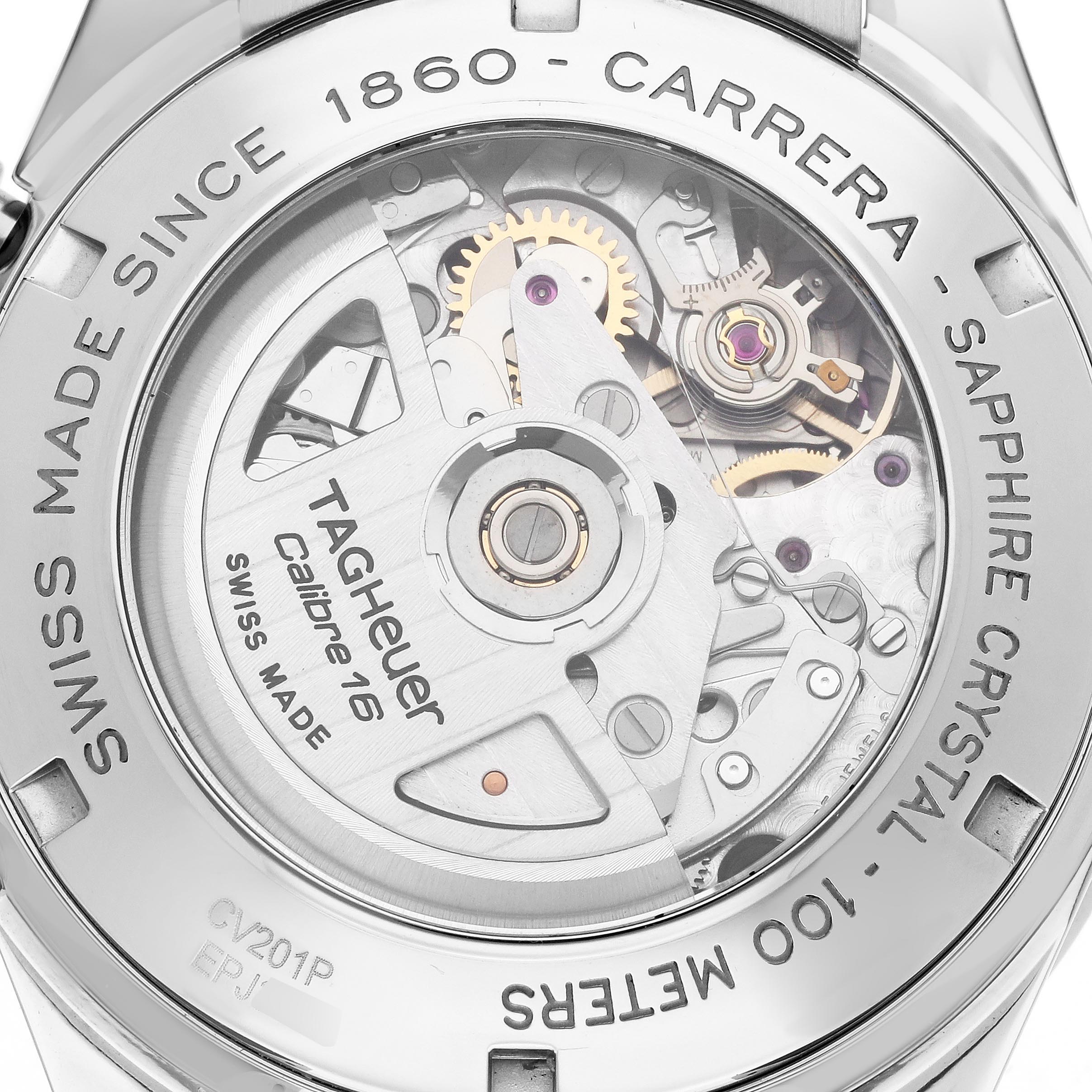 The image shows the back of a Tag Heuer Carrera CV201P.BA0794 Men
s Stainless Steel Mother of Pearl Dial CV201P.BA0794 Men
s Stainless Steel Mother of Pearl Dial watch, highlighting its exposed mechanical movement and engraved text.