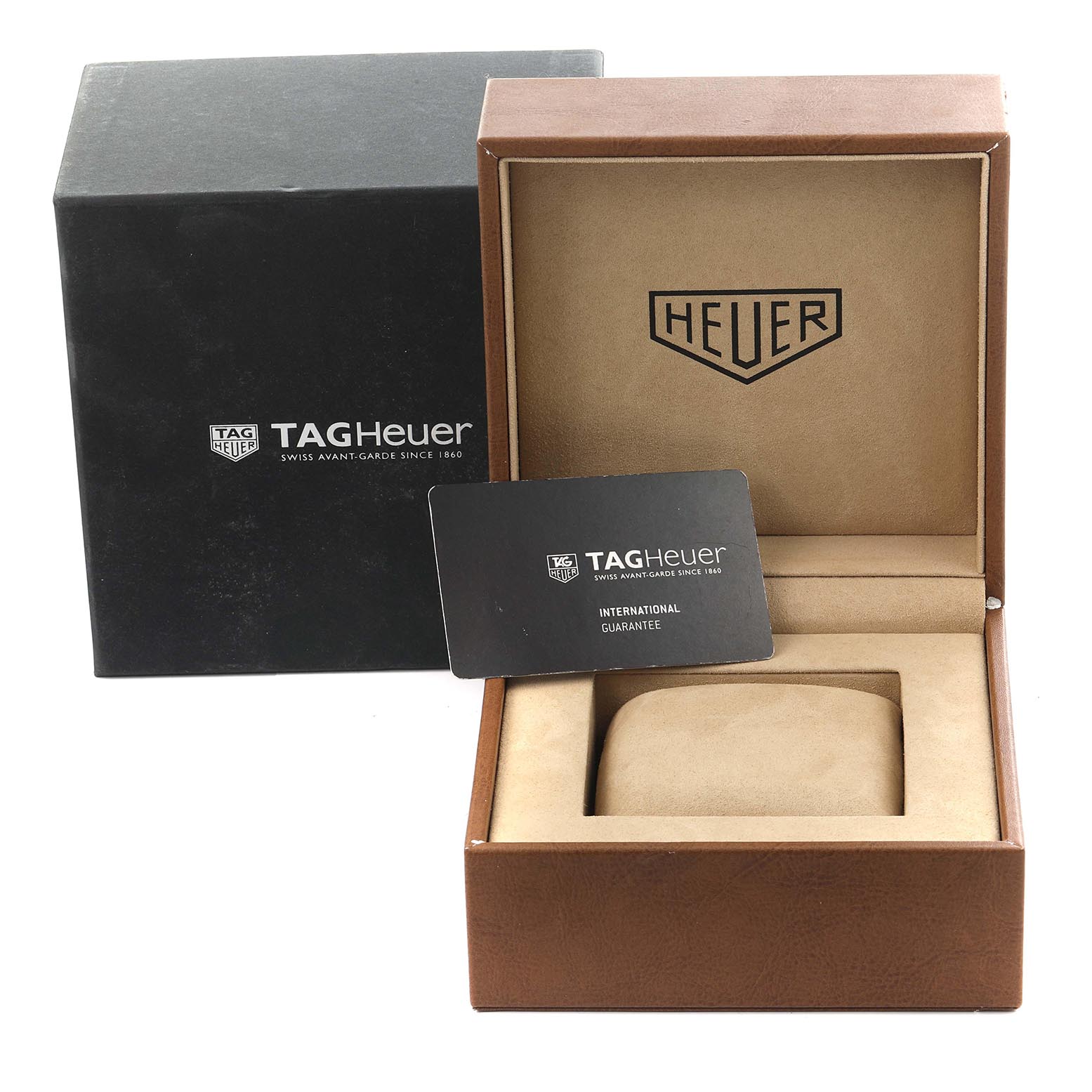 The image shows the packaging and guarantee card for the Tag Heuer Carrera CV201P.BA0794 Men
s Stainless Steel Mother of Pearl Dial CV201P.BA0794 Men
s Stainless Steel Mother of Pearl Dial watch, including a box and an empty cushion slot.