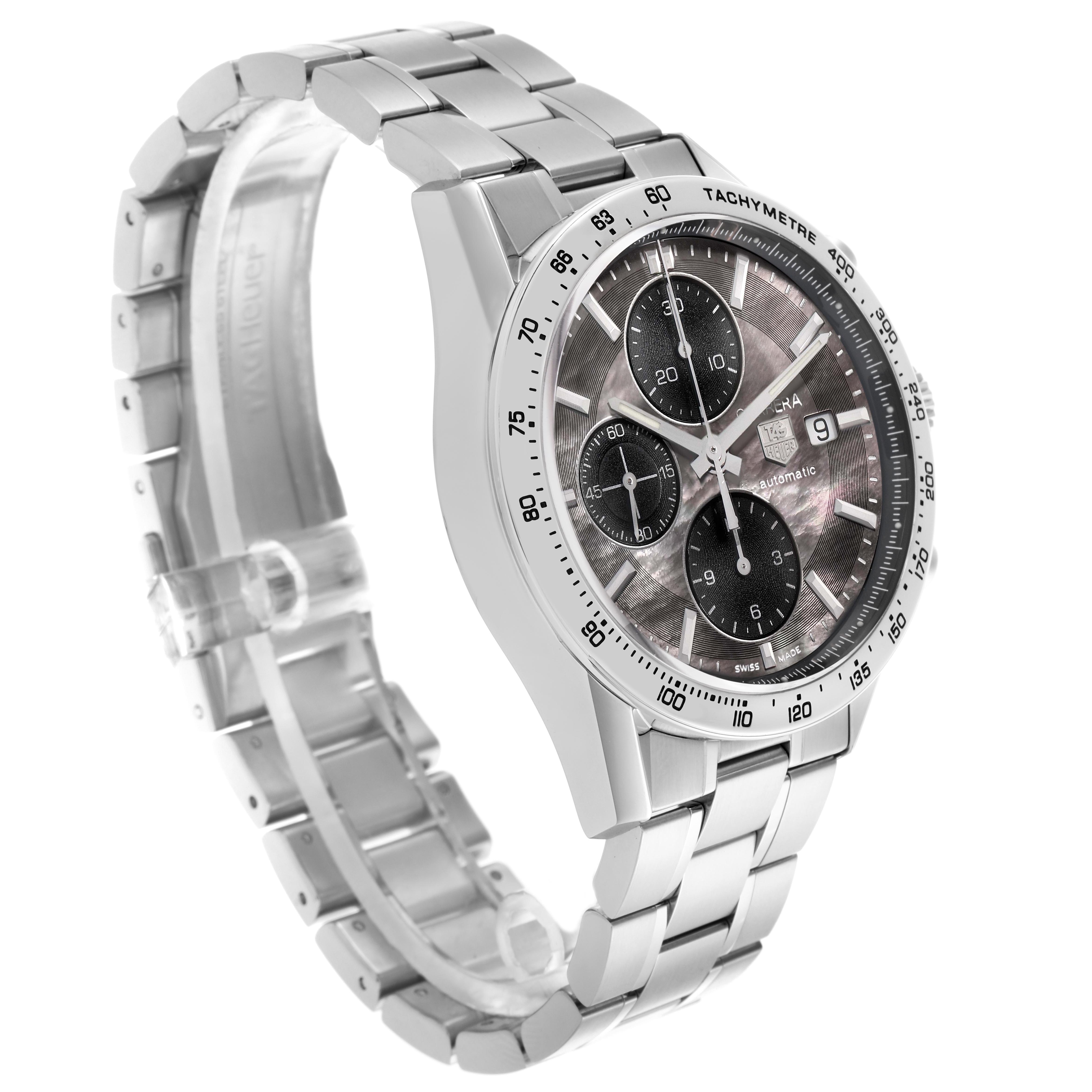 The Tag Heuer Carrera CV201P.BA0794 Men
s Stainless Steel Mother of Pearl Dial CV201P.BA0794 Men
s Stainless Steel Mother of Pearl Dial watch is shown at a three-quarter angle, highlighting the bracelet, bezel, and intricate dial.