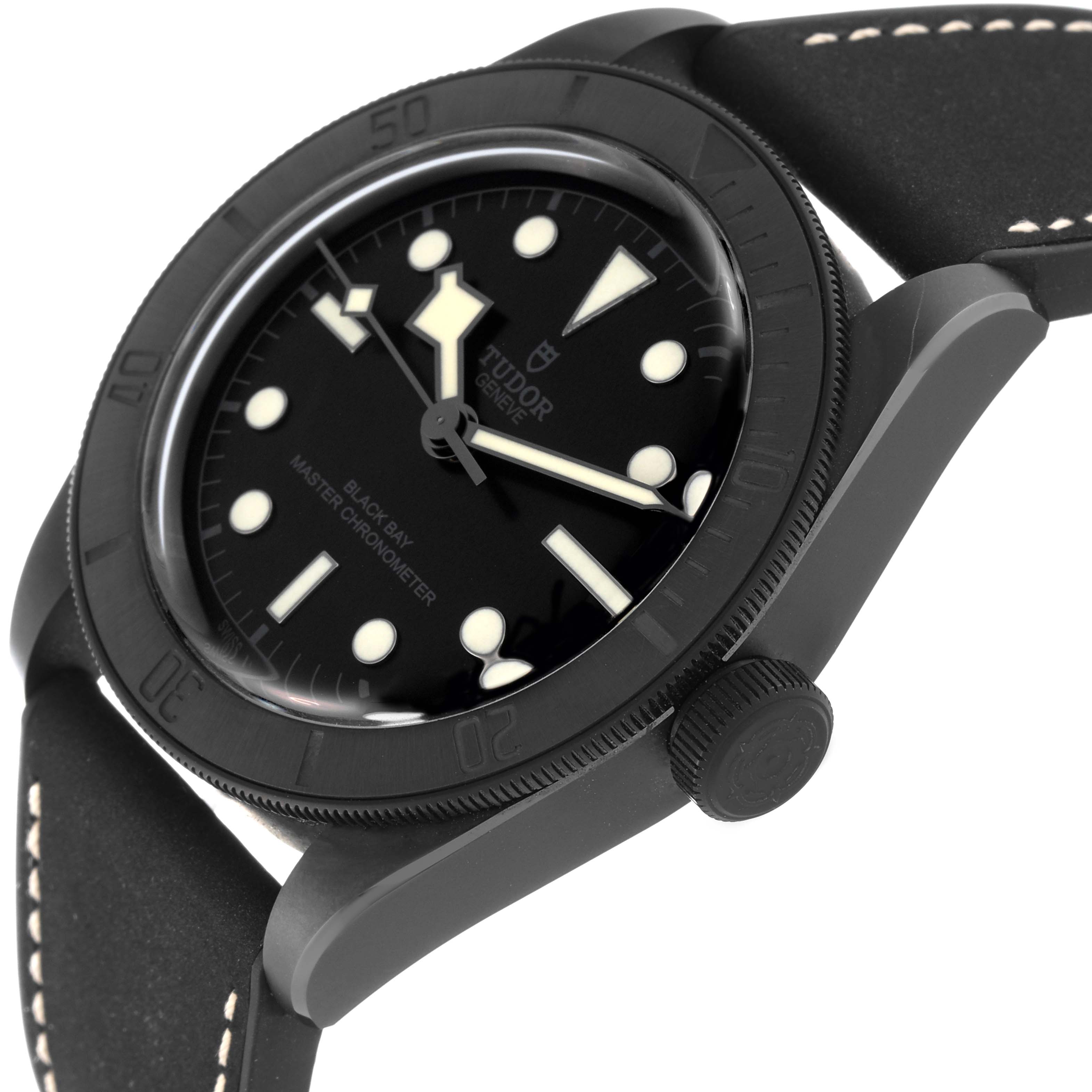 The image shows a close-up angled view of the Tudor Heritage Black Bay 79210CNU Men's Ceramic Black Dial 79210CNU Men's Ceramic Black Dial watch, focusing on the dial, bezel, case, and strap.
