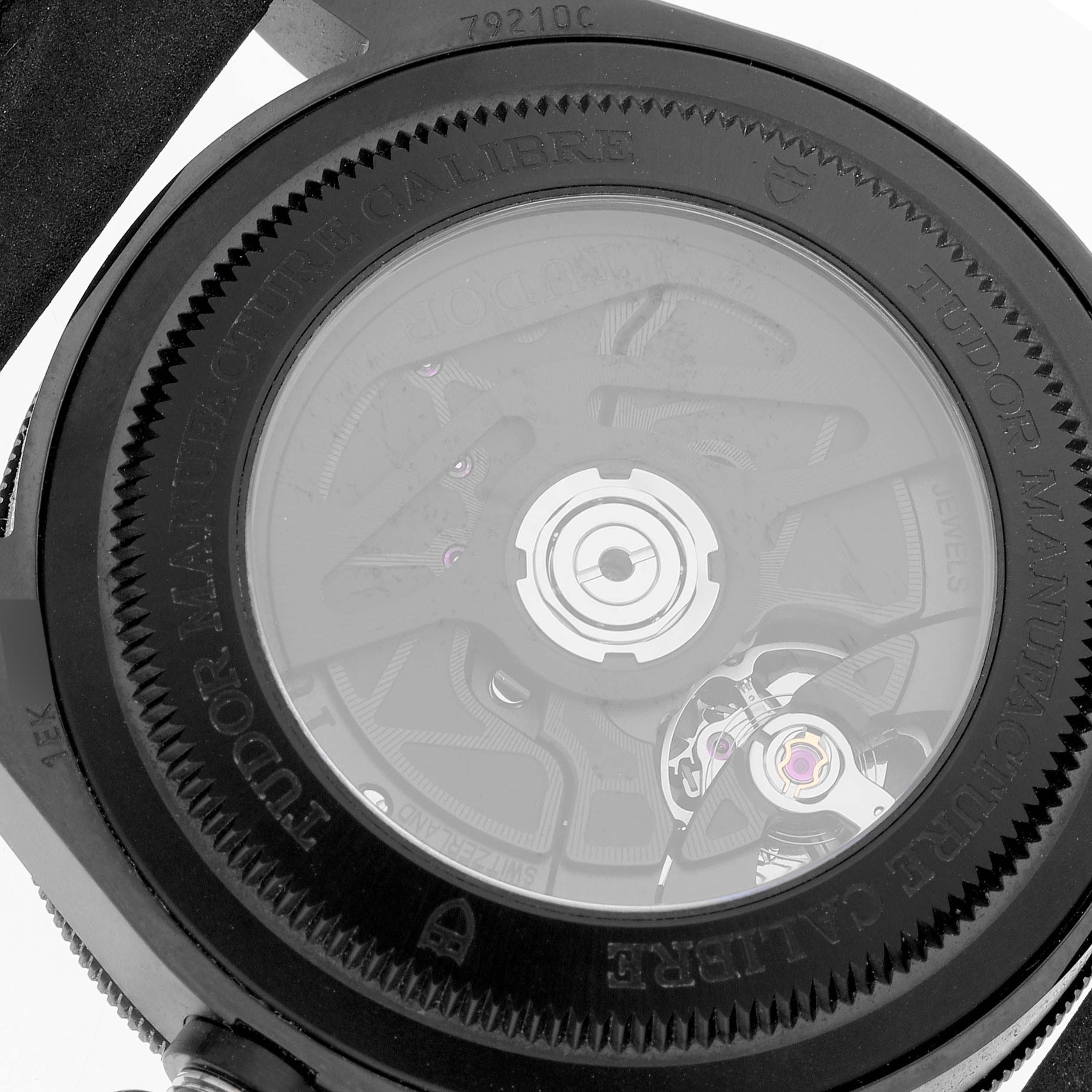 This image shows the case back of the Tudor Heritage Black Bay 79210CNU Men's Ceramic Black Dial 79210CNU Men's Ceramic Black Dial watch, revealing its movement and inner mechanics.