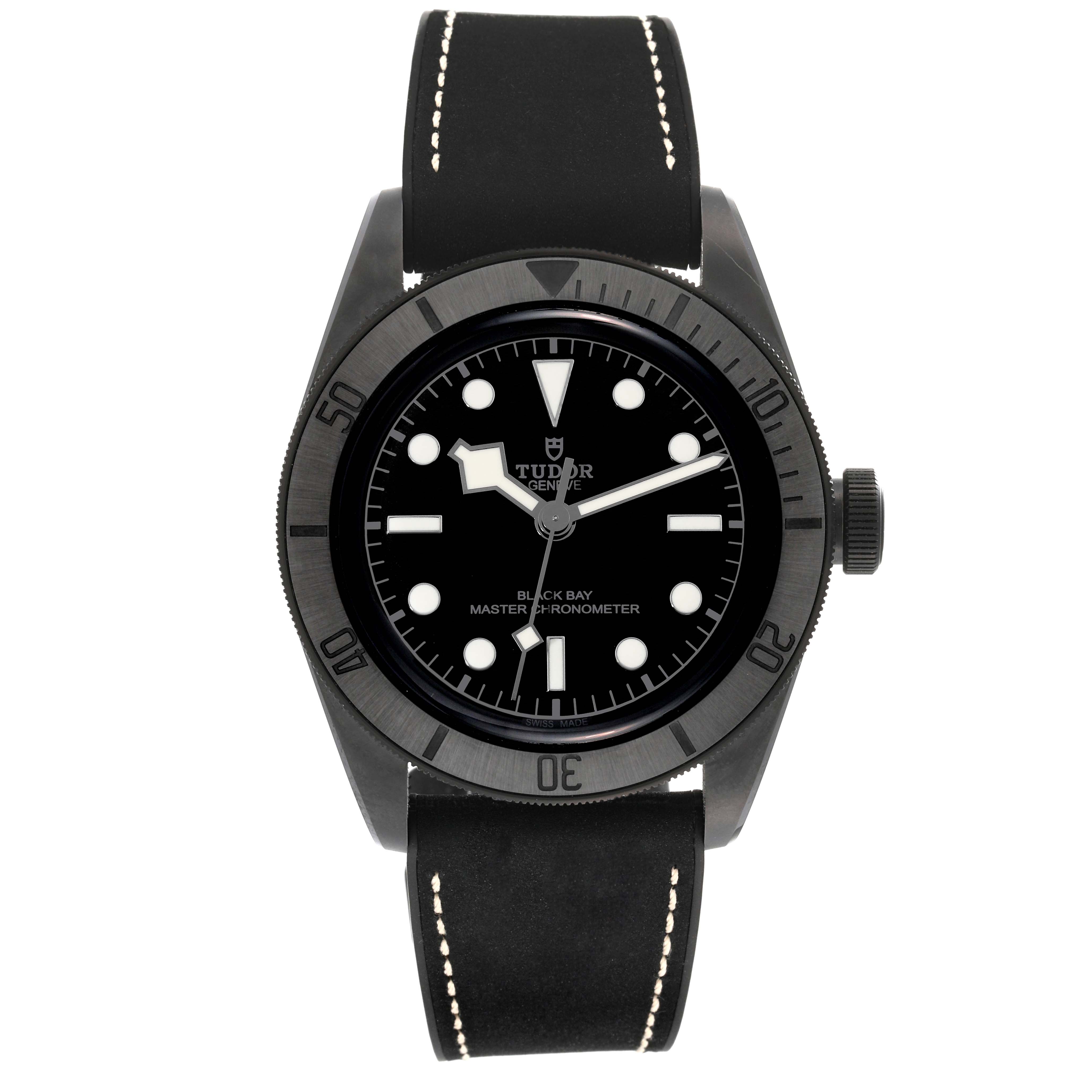 The image shows a front view of the Tudor Heritage Black Bay 79210CNU Men's Ceramic Black Dial 79210CNU Men's Ceramic Black Dial watch, highlighting its black dial, bezel, and leather strap.