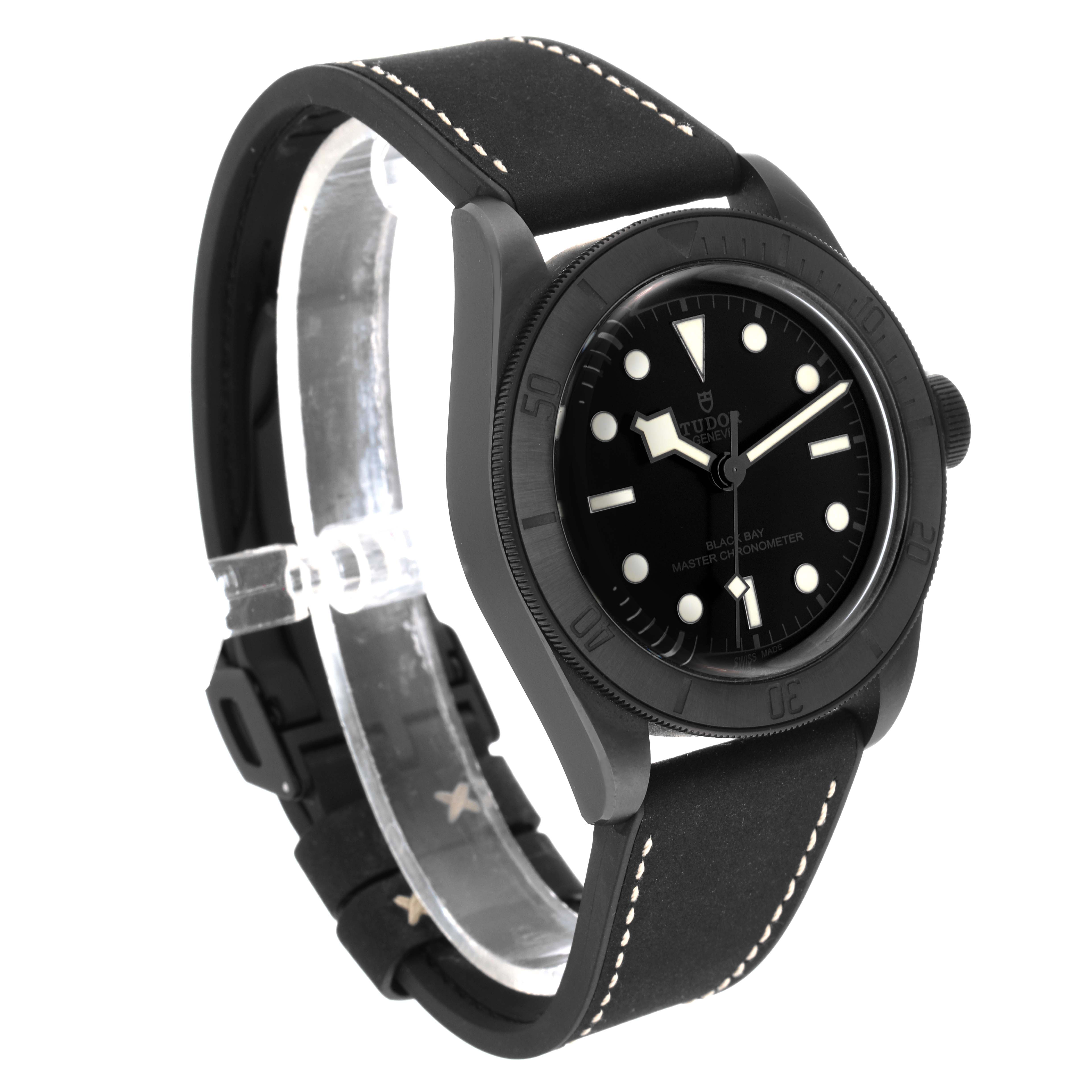 The image shows a side angle view of a Tudor Heritage Black Bay 79210CNU Men's Ceramic Black Dial 79210CNU Men's Ceramic Black Dial watch, highlighting the case, dial, and strap.