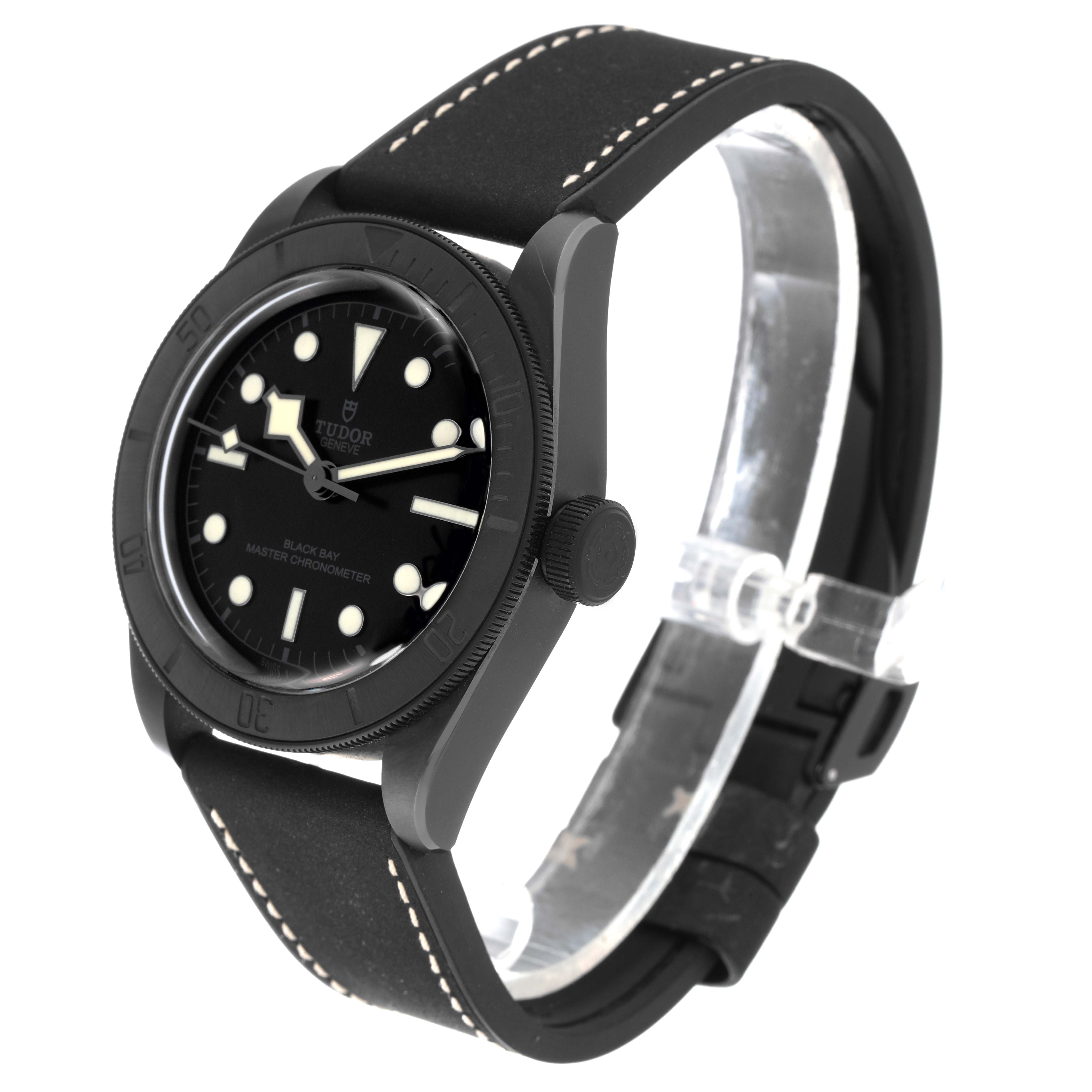 This image shows a Tudor Heritage Black Bay 79210CNU Men's Ceramic Black Dial 79210CNU Men's Ceramic Black Dial watch at a three-quarter angle, highlighting the bezel, dial, lug, and strap.