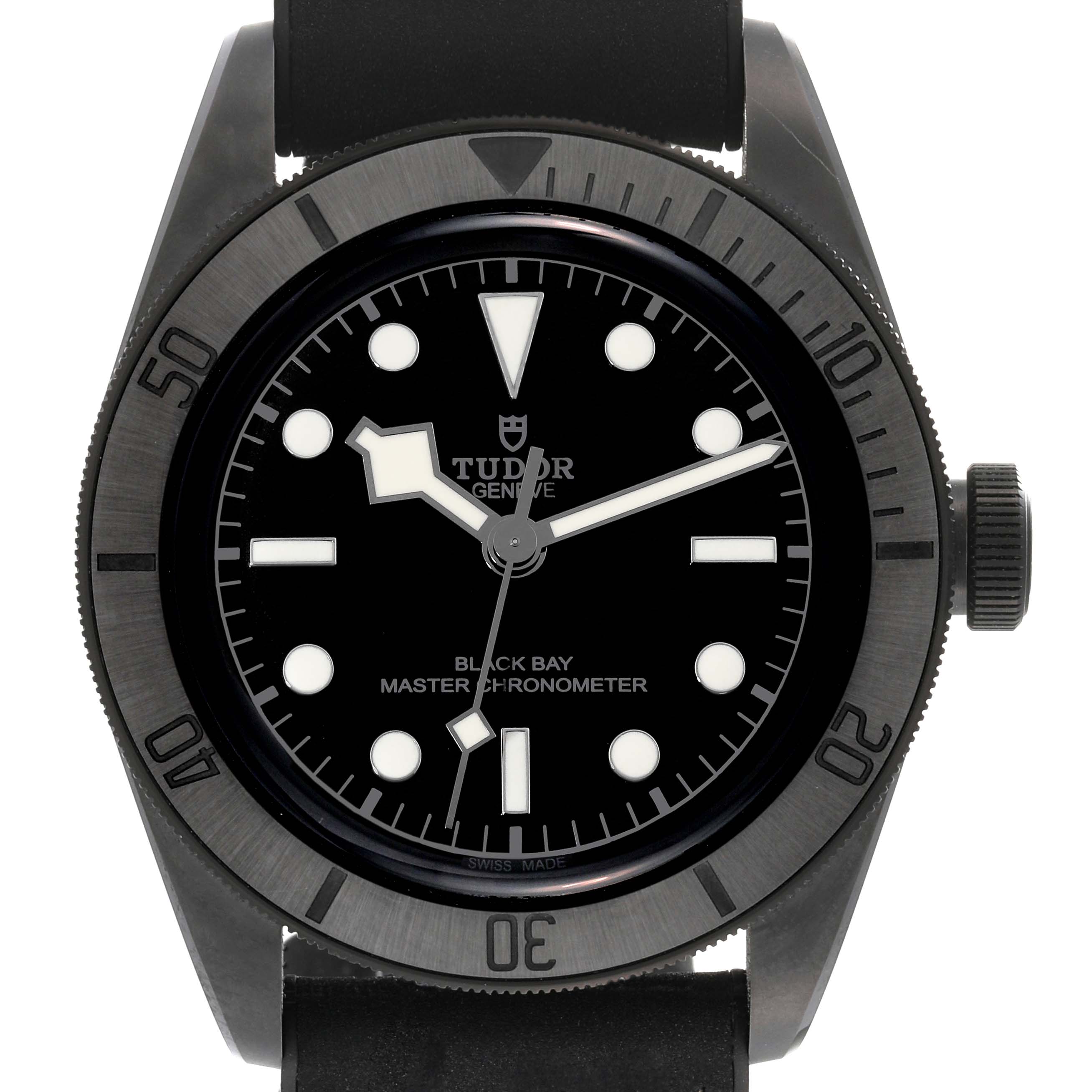 The image shows a front view of the Tudor Heritage Black Bay 79210CNU Men's Ceramic Black Dial 79210CNU Men's Ceramic Black Dial watch, displaying its face, bezel, and crown.