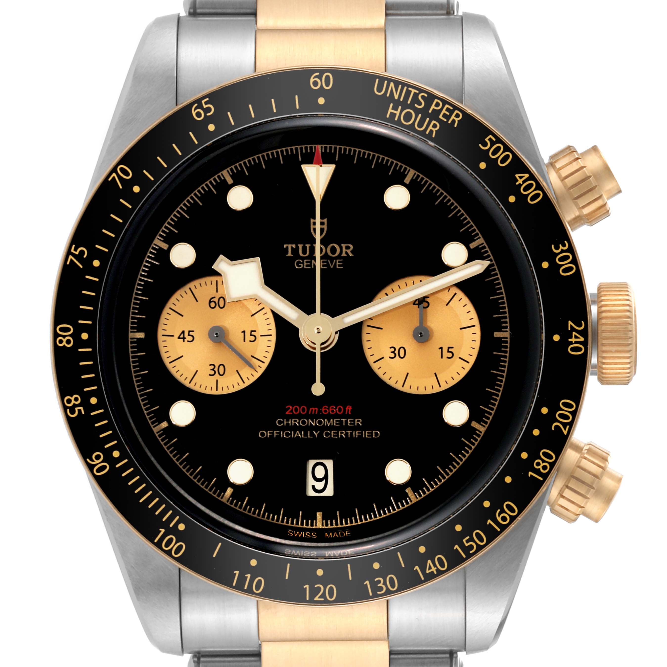 This front view image of the Tudor Heritage Black Bay 79363N Men's Steel and Gold (two tone) Black Dial 79363N Men's Steel and Gold (two tone) Black Dial shows the watch face, bezel, chronograph subdials, crown, and part of the bracelet.
