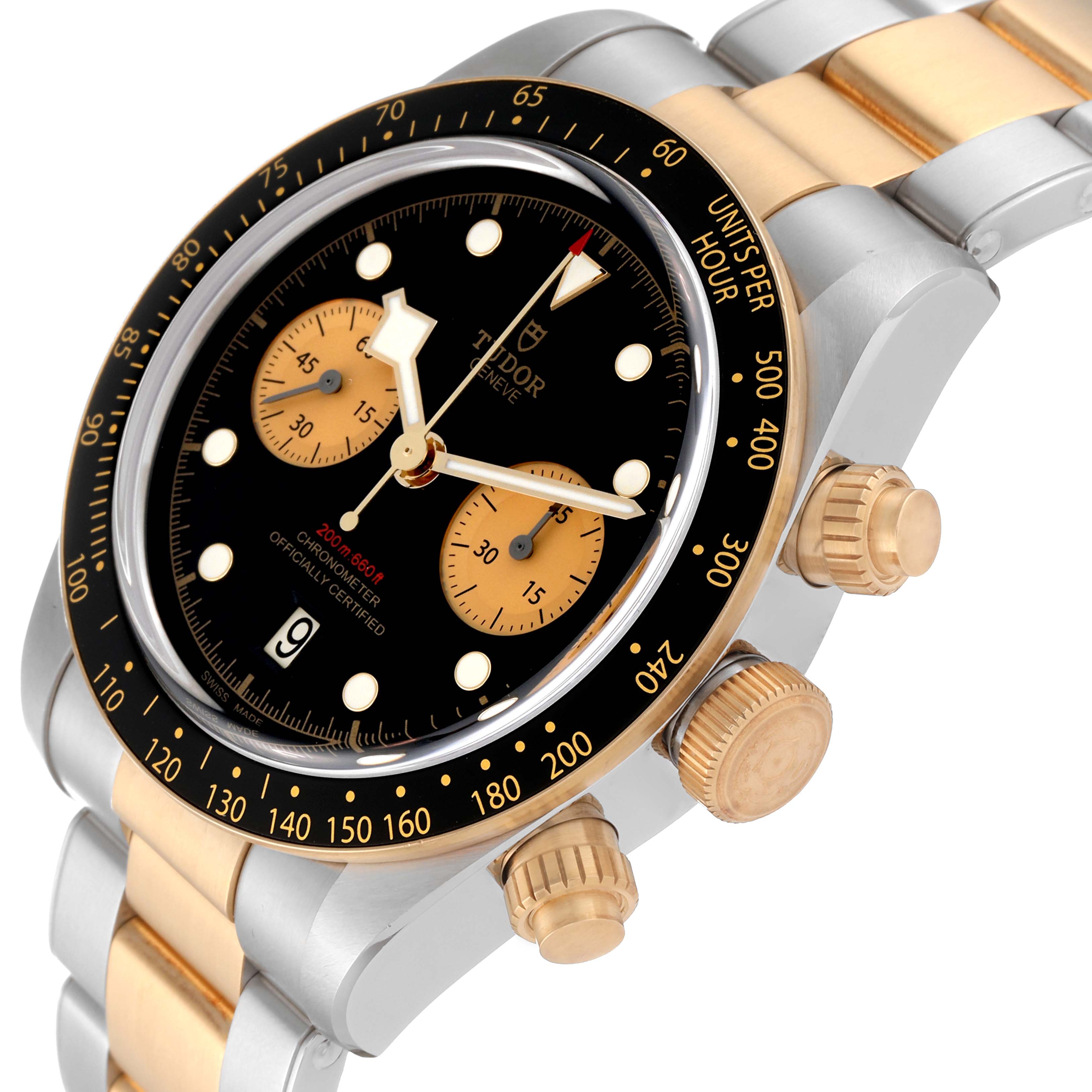 The image shows a close-up angle of the Tudor Heritage Black Bay 79363N Men's Steel and Gold (two tone) Black Dial 79363N Men's Steel and Gold (two tone) Black Dial watch, highlighting its face, bezel, and buttons.
