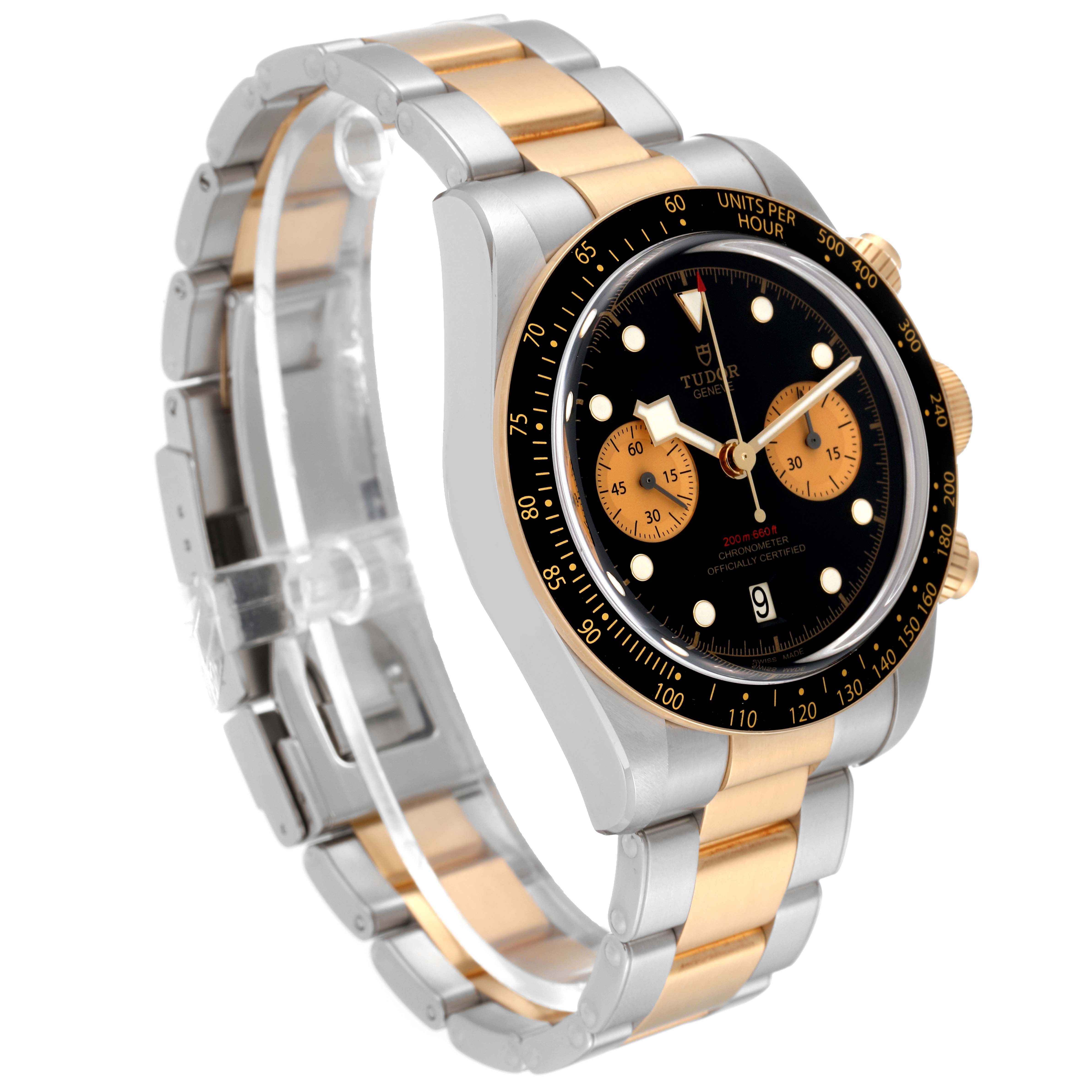 The image showcases a Tudor Heritage Black Bay 79363N Men's Steel and Gold (two tone) Black Dial 79363N Men's Steel and Gold (two tone) Black Dial watch at a three-quarter angle displaying the face, bezel, crown, and bracelet.