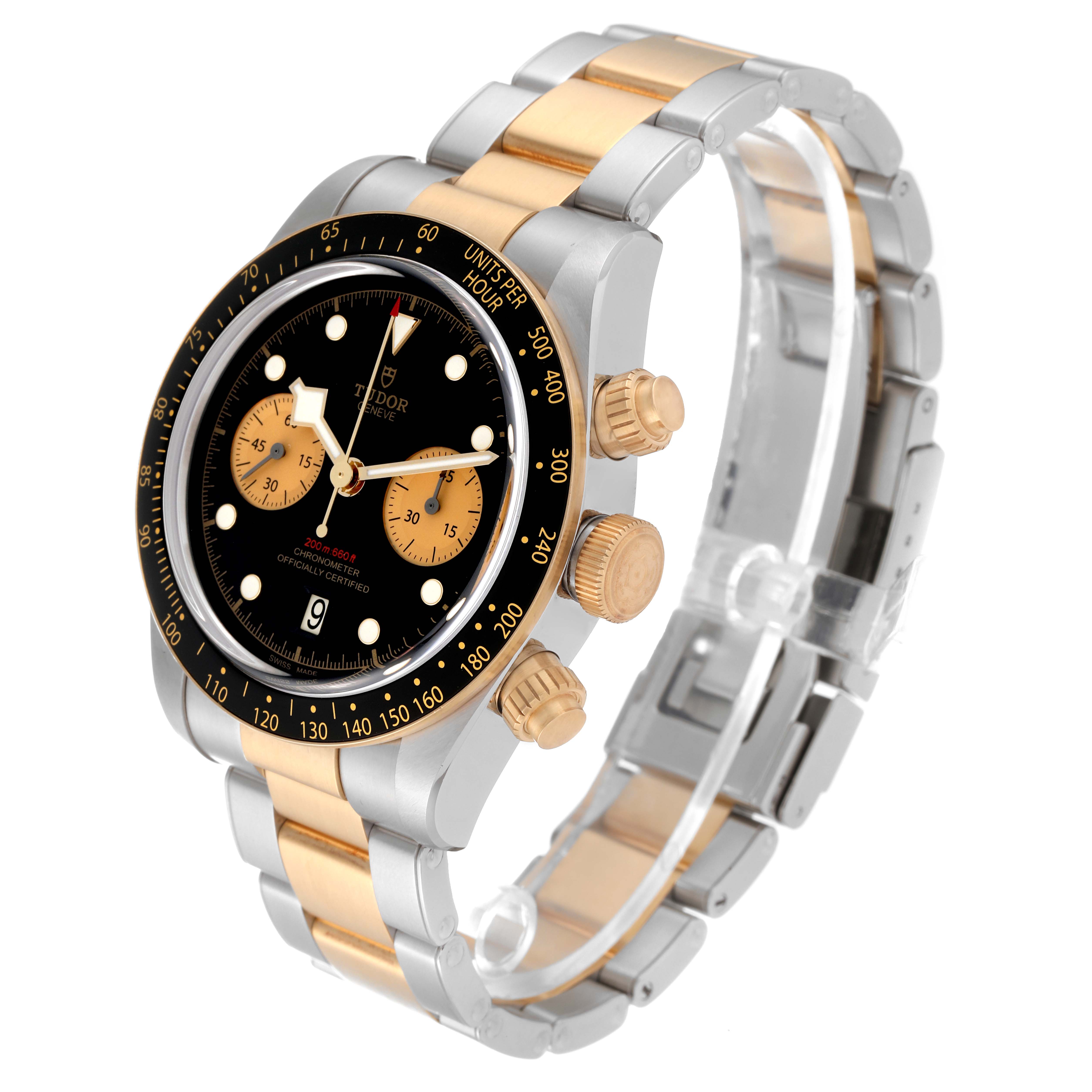 The Tudor Heritage Black Bay 79363N Men's Steel and Gold (two tone) Black Dial 79363N Men's Steel and Gold (two tone) Black Dial watch is shown at a three-quarter angle, highlighting its dial, bezel, crown, and bracelet.