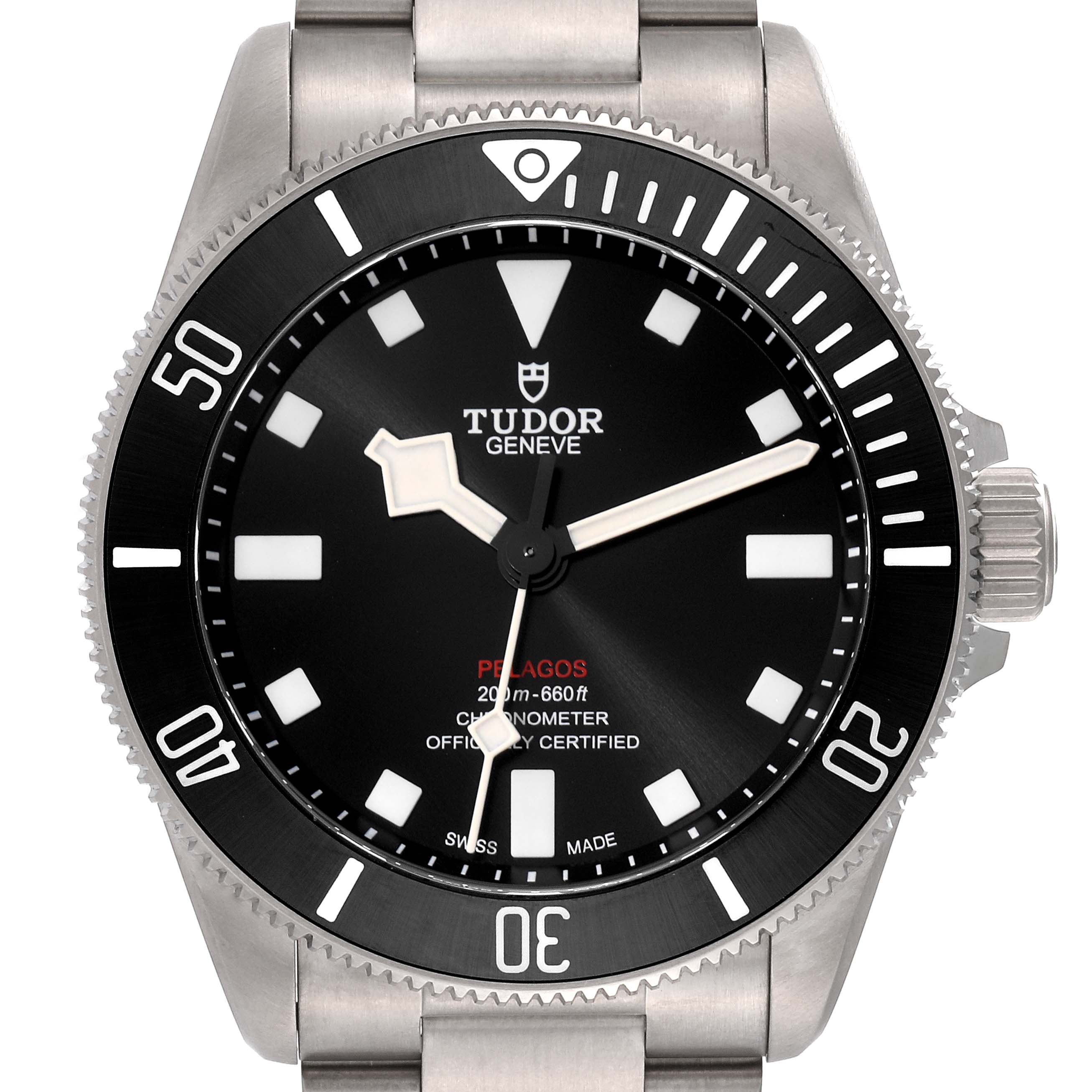 This image shows a Tudor Pelagos 25407N-0001 Men
s Titanium Black Dial 25407N-0001 Men
s Titanium Black Dial watch face-up, highlighting its bezel, dial, hands, and part of the bracelet.