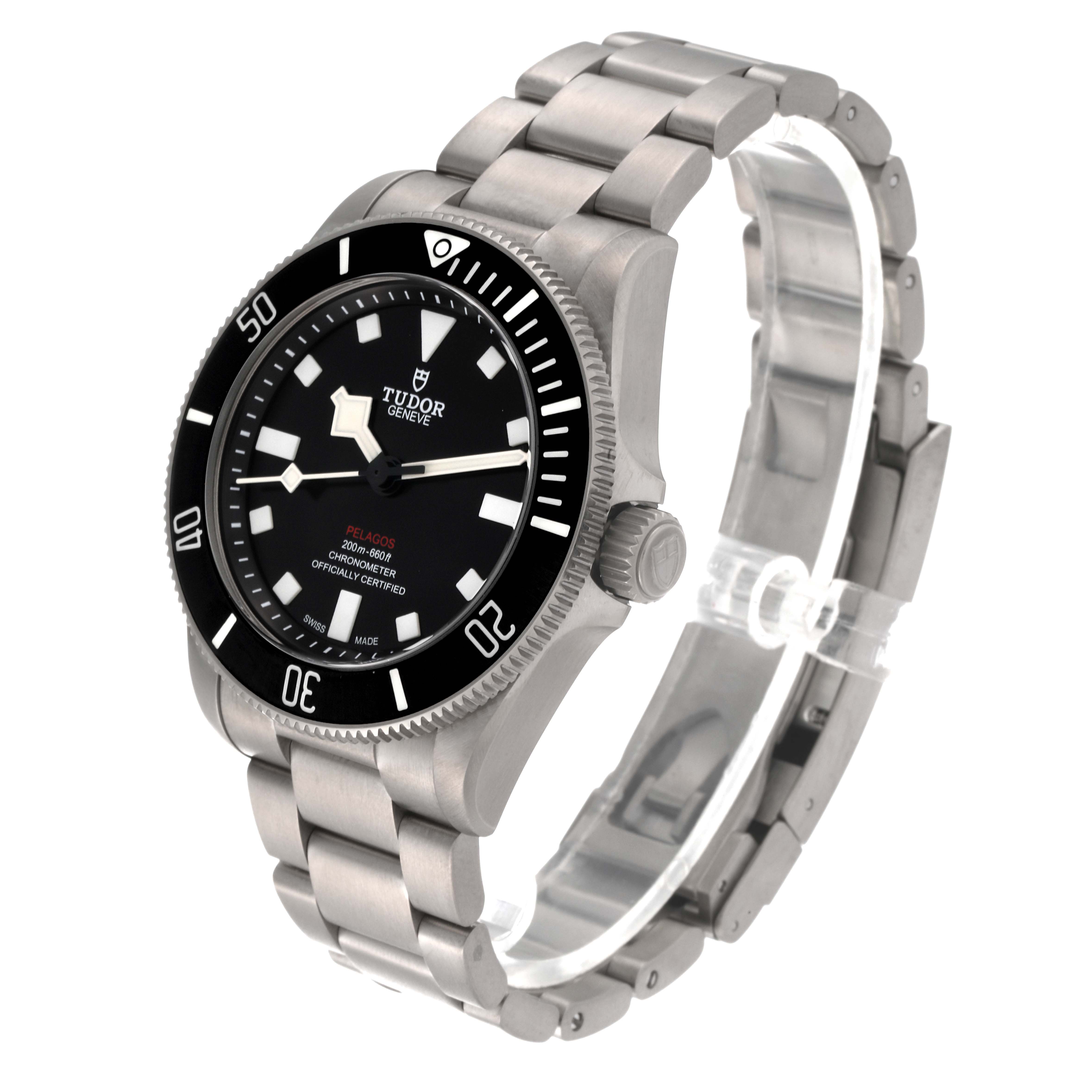 The Tudor Pelagos 25407N-0001 Men
s Titanium Black Dial 25407N-0001 Men
s Titanium Black Dial watch is shown at a slight angle displaying the face, bezel, crown, and bracelet.