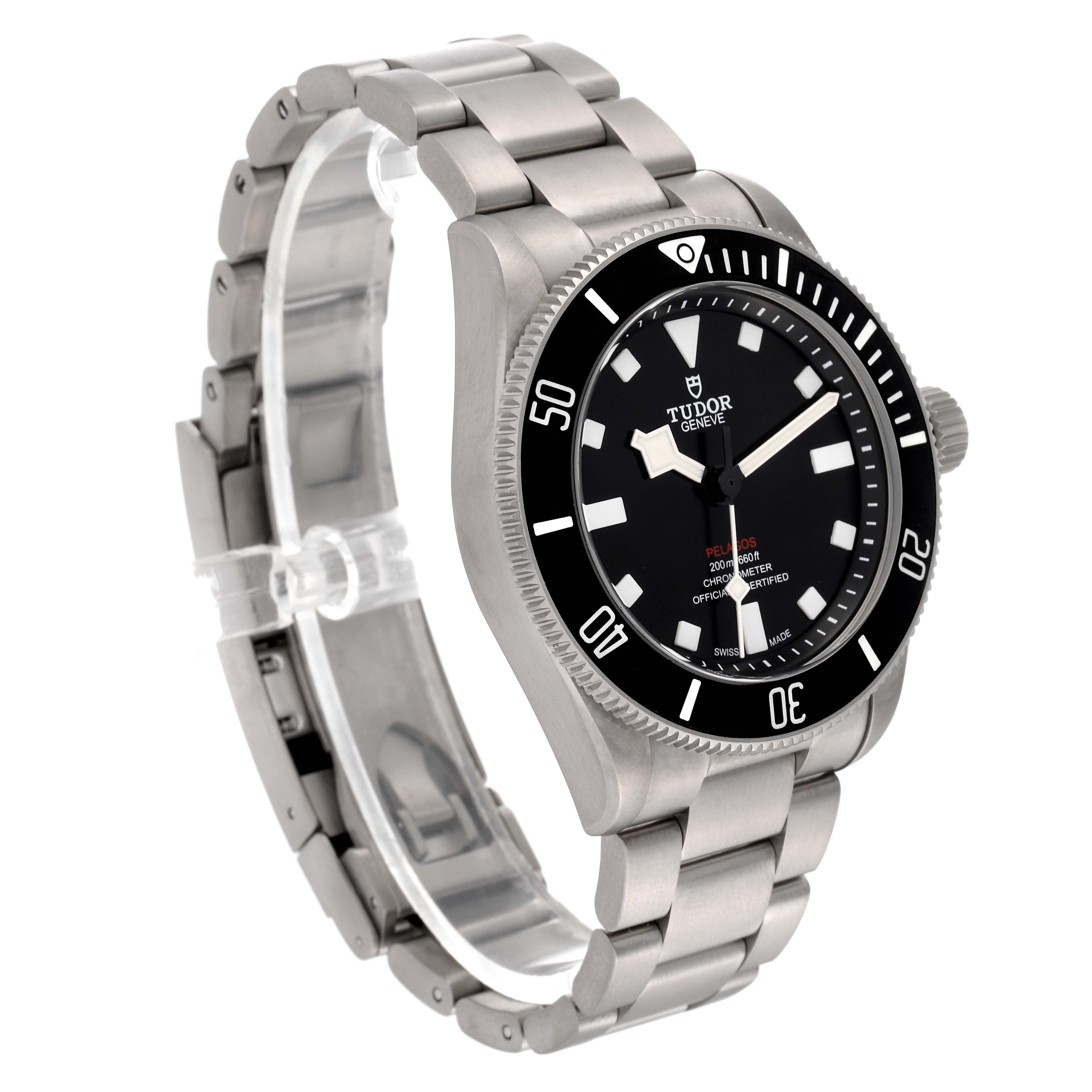 This image shows a Tudor Pelagos 25407N-0001 Men
s Titanium Black Dial 25407N-0001 Men
s Titanium Black Dial watch from a three-quarter angle, highlighting its black dial, bezel, and metal bracelet.