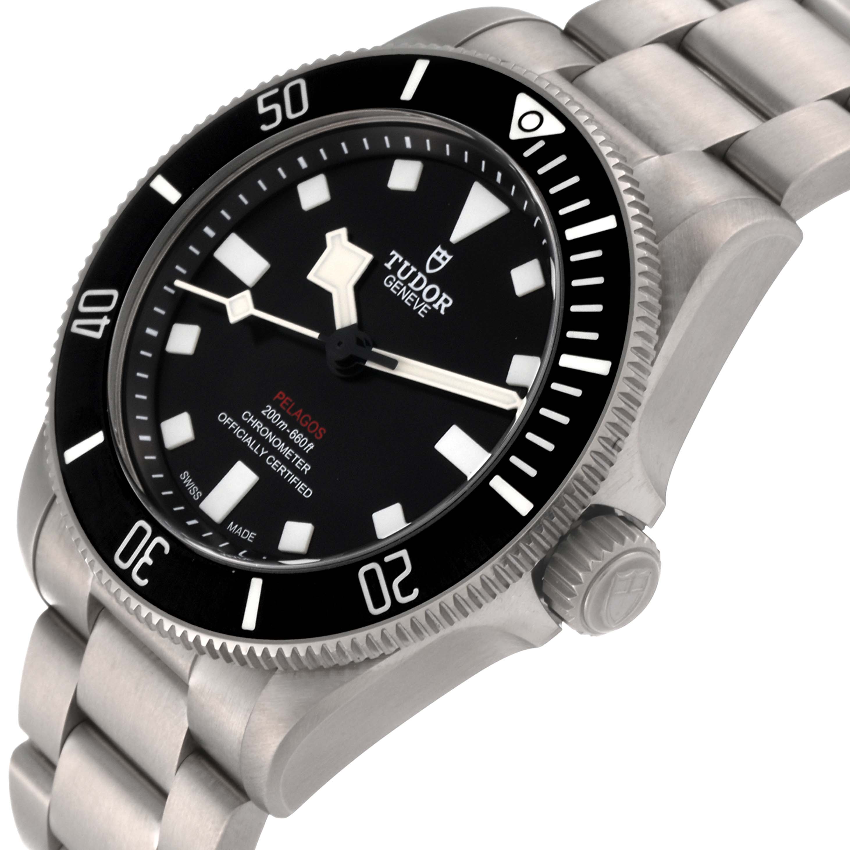 The image shows a Tudor Pelagos 25407N-0001 Men
s Titanium Black Dial 25407N-0001 Men
s Titanium Black Dial watch at a slight angle, highlighting the face, bezel, and stainless steel bracelet.