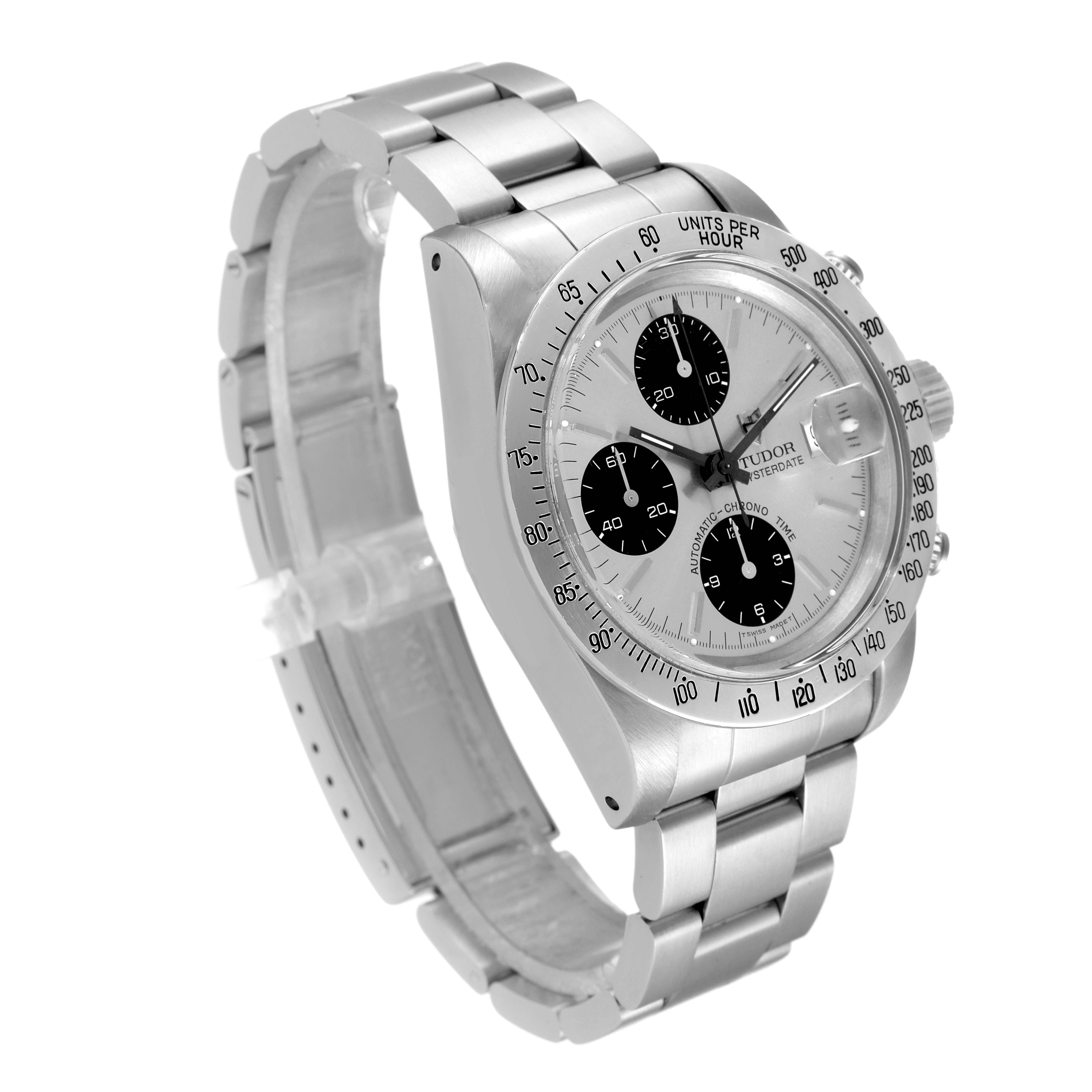 The Tudor Prince 79180 Men's Stainless Steel Silver Dial 79180 Men's Stainless Steel Silver Dial watch is shown at a three-quarter angle, highlighting its silver bracelet, bezel, and dial with chronograph subdials.