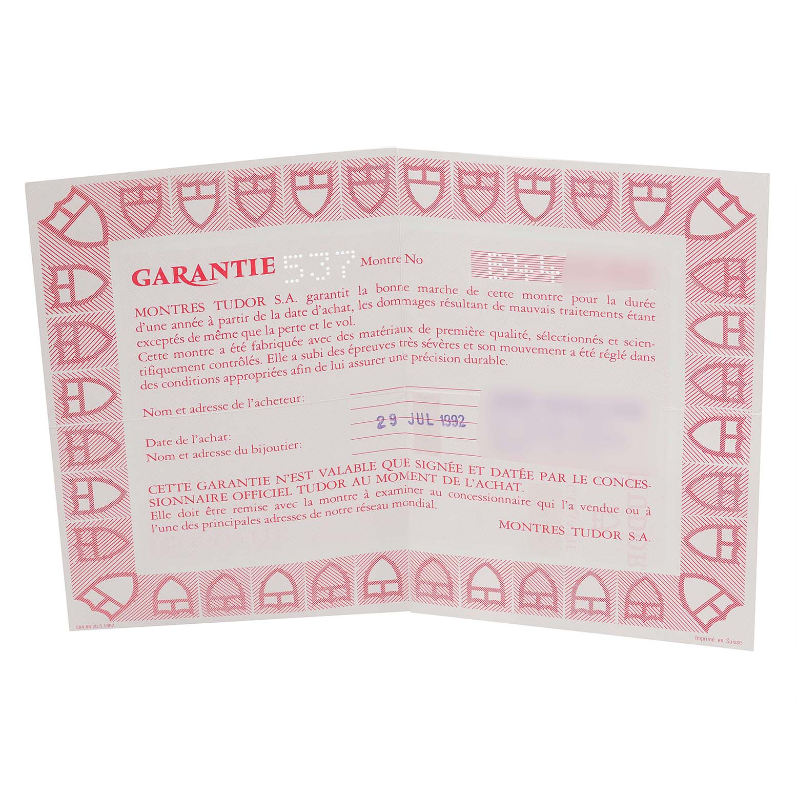 The image shows the warranty card of a Tudor Prince 79180 Men's Stainless Steel Silver Dial 79180 Men's Stainless Steel Silver Dial model watch.