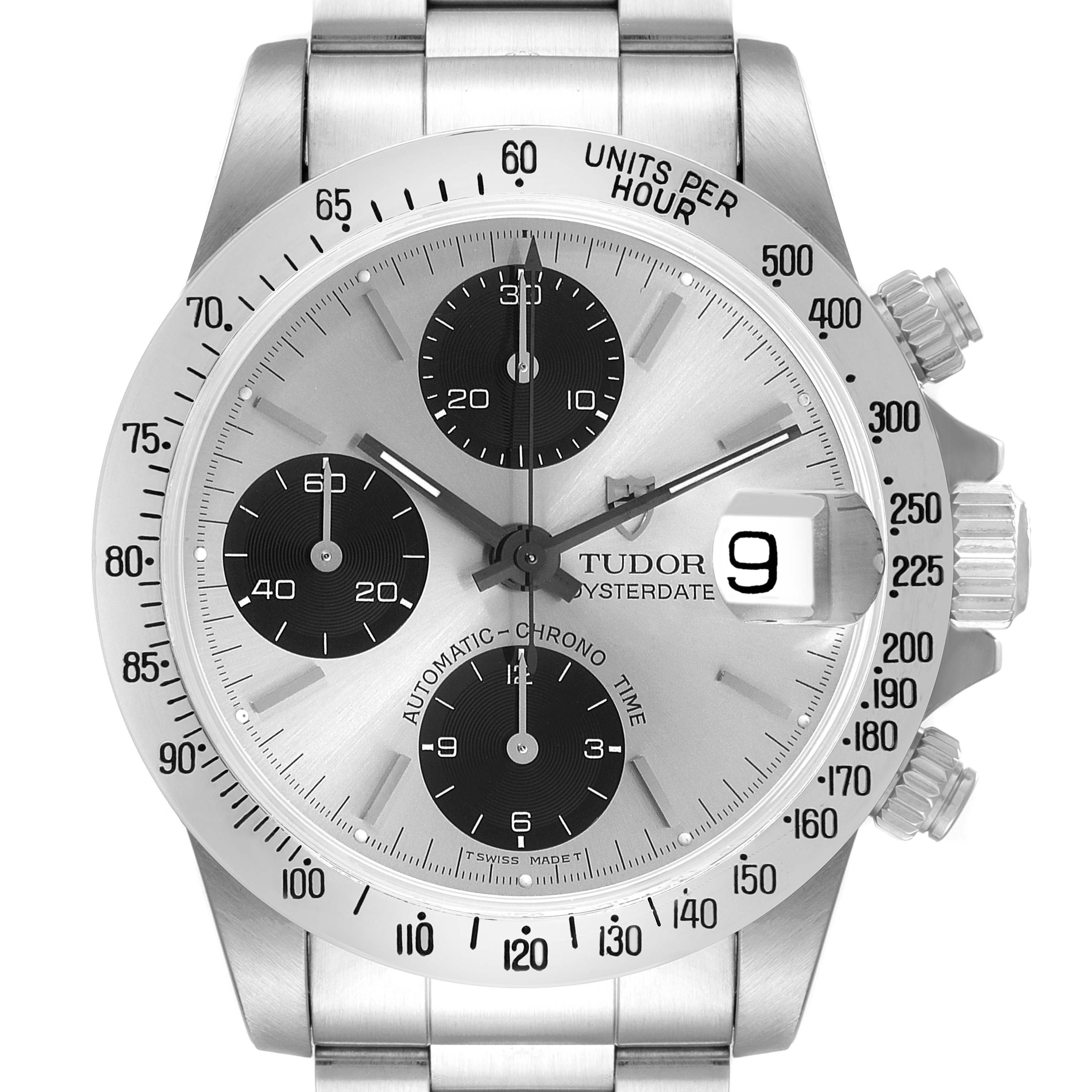 This Tudor Prince 79180 Men's Stainless Steel Silver Dial 79180 Men's Stainless Steel Silver Dial watch is shown from the front, highlighting the dial, chrono features, and stainless steel case.