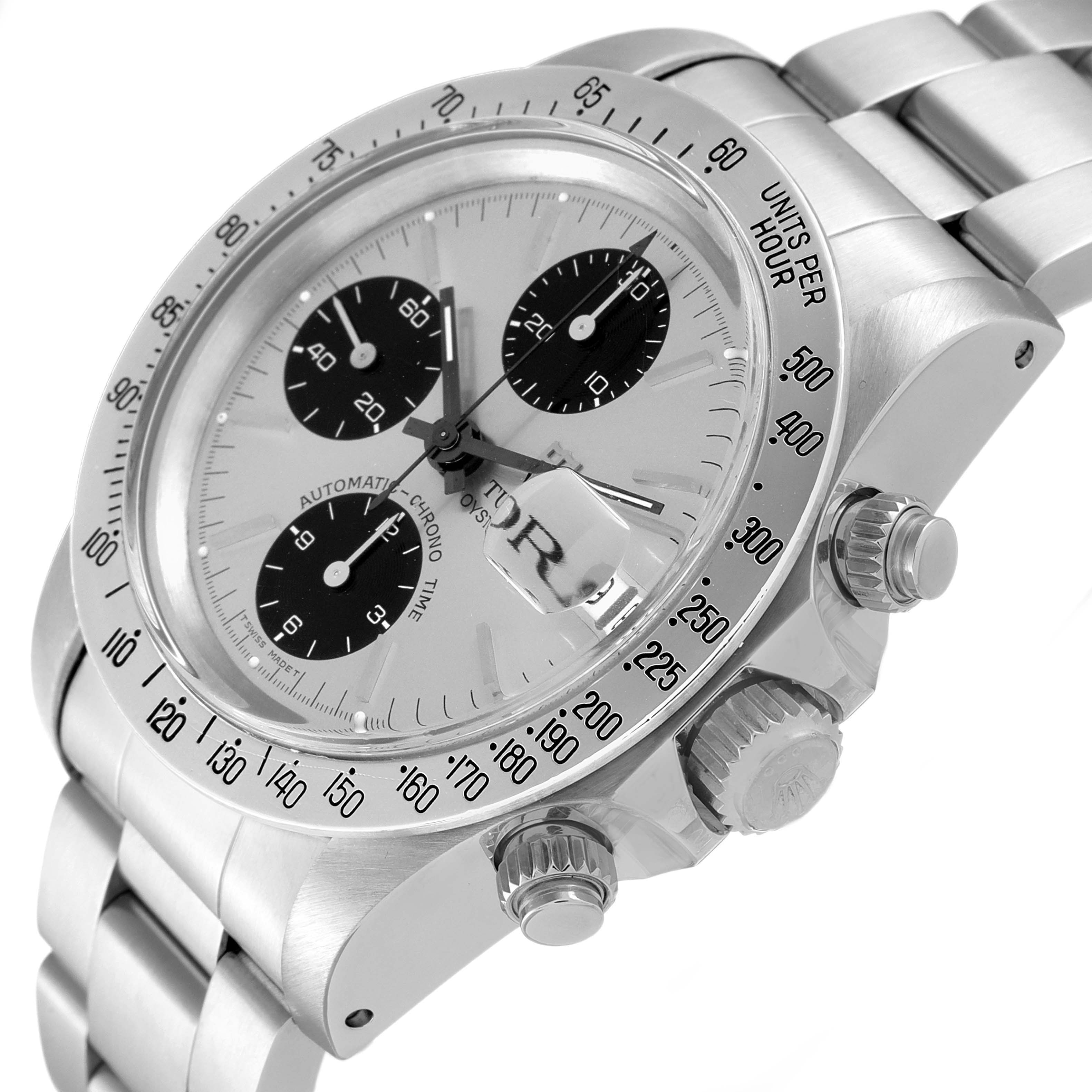 The Tudor Prince 79180 Men's Stainless Steel Silver Dial 79180 Men's Stainless Steel Silver Dial watch is shown angled slightly from the side, highlighting the face, bezel, crown, pushers, and bracelet.