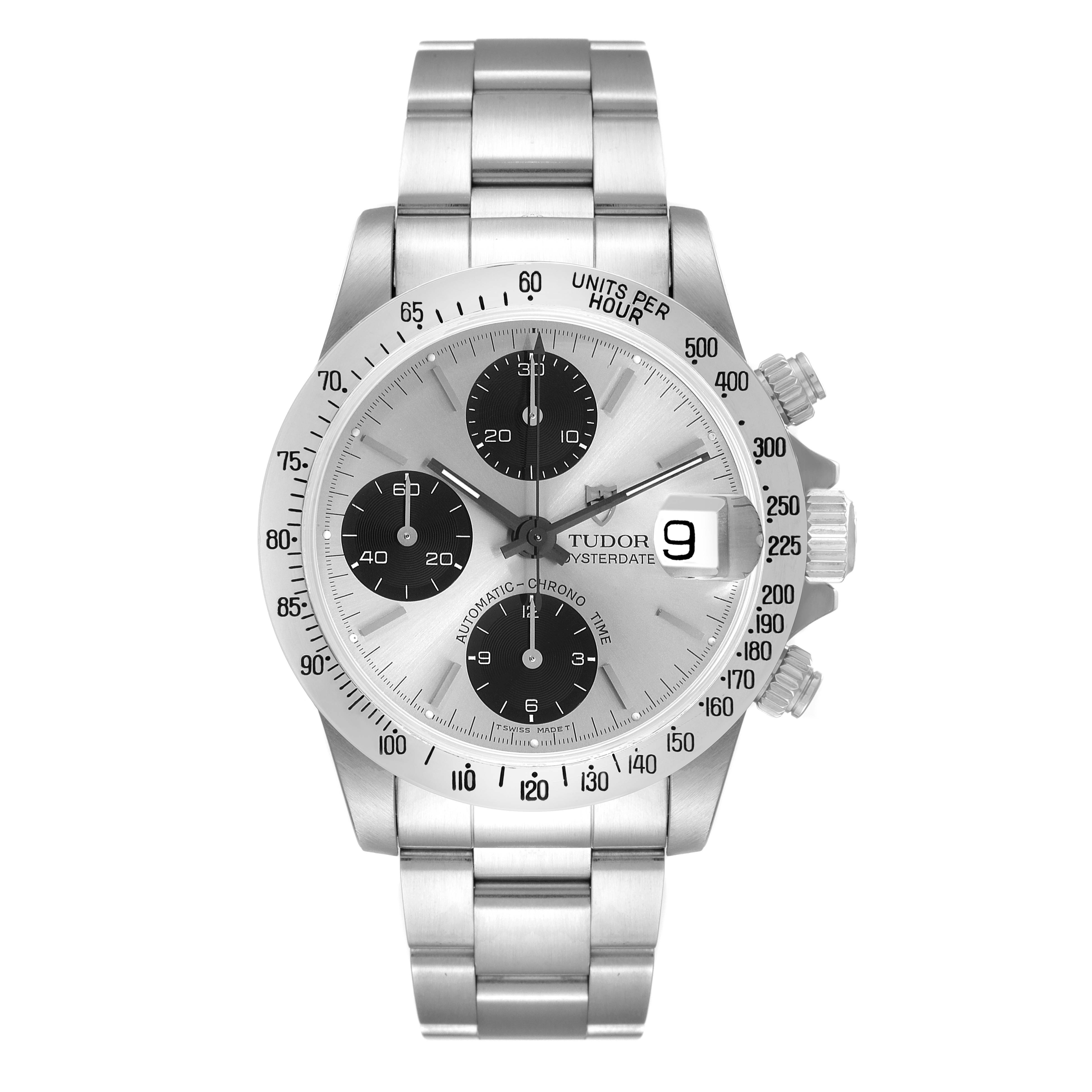 The image shows a frontal view of the Tudor Prince 79180 Men's Stainless Steel Silver Dial 79180 Men's Stainless Steel Silver Dial model watch, highlighting its face, dials, and bracelet.