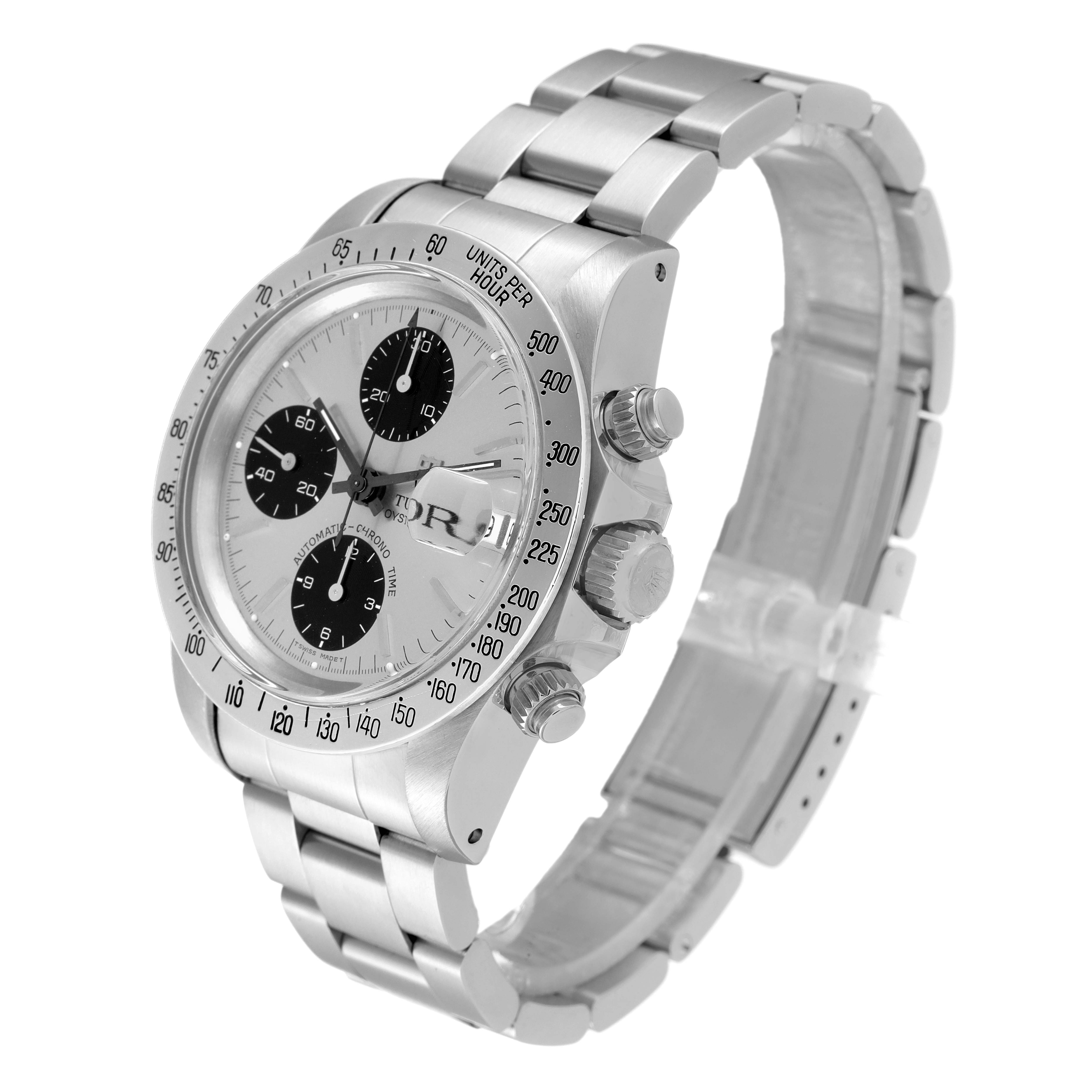 This image shows a Tudor Prince 79180 Men's Stainless Steel Silver Dial 79180 Men's Stainless Steel Silver Dial model watch angled to highlight the face, bezel, crown, pushers, and bracelet.