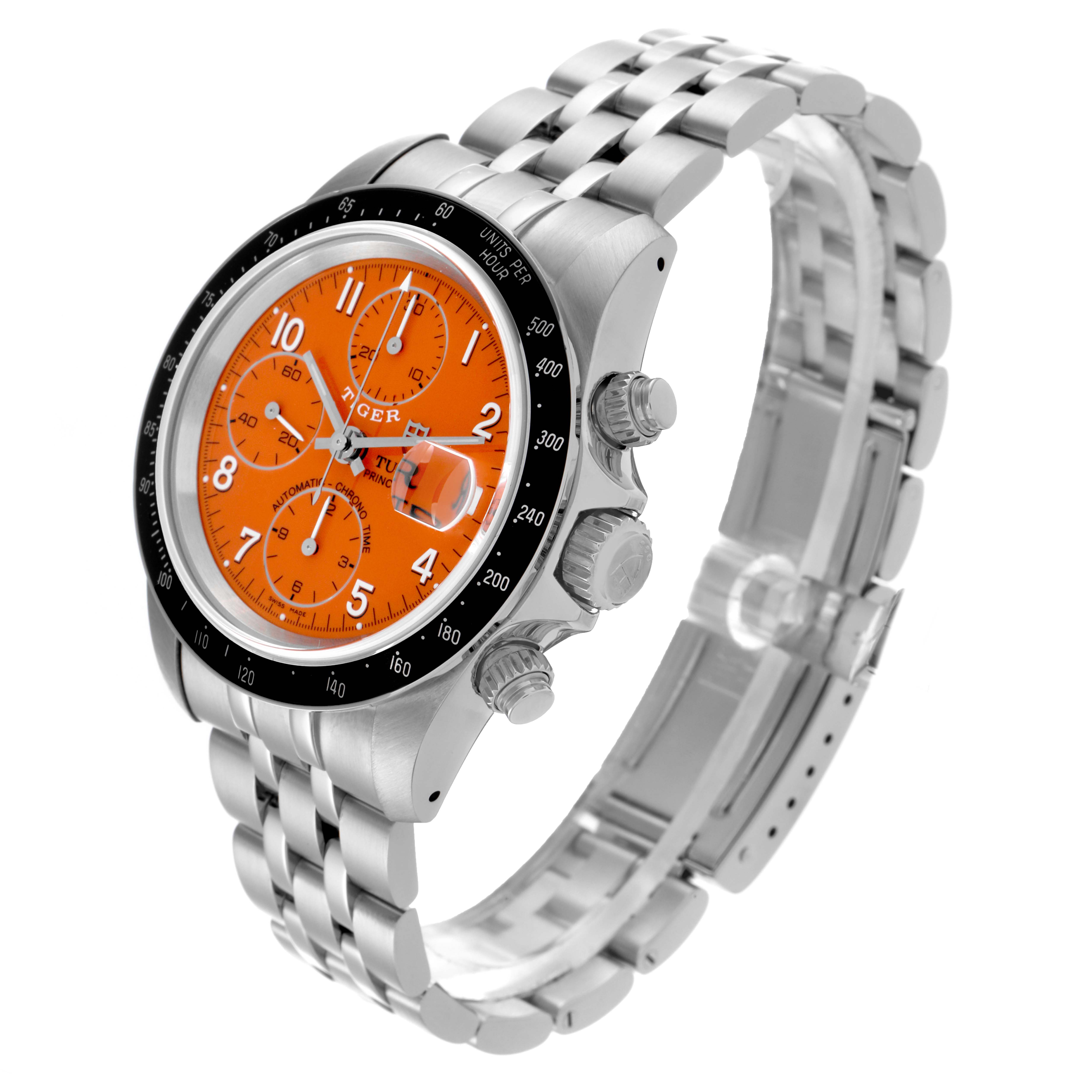 The Tudor Tiger 79260 Men's Stainless Steel Orange Dial 79260 Men's Stainless Steel Orange Dial watch is shown at a three-quarter angle, highlighting the orange dial, bezel, crown, pushers, and bracelet.