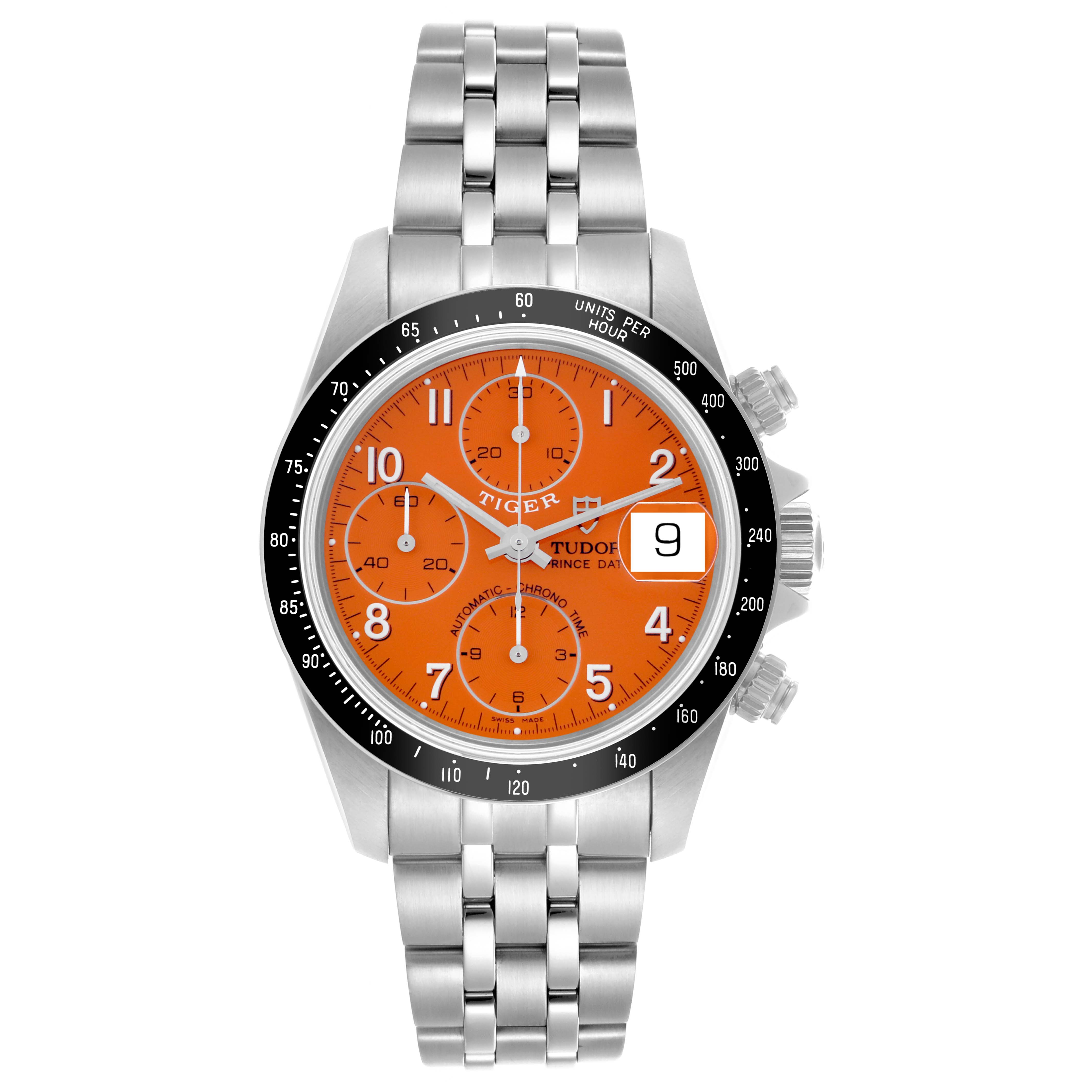 The image shows a front view of the Tudor Tiger 79260 Men's Stainless Steel Orange Dial 79260 Men's Stainless Steel Orange Dial model watch, displaying its orange dial, chronograph subdials, date window, and metal bracelet.