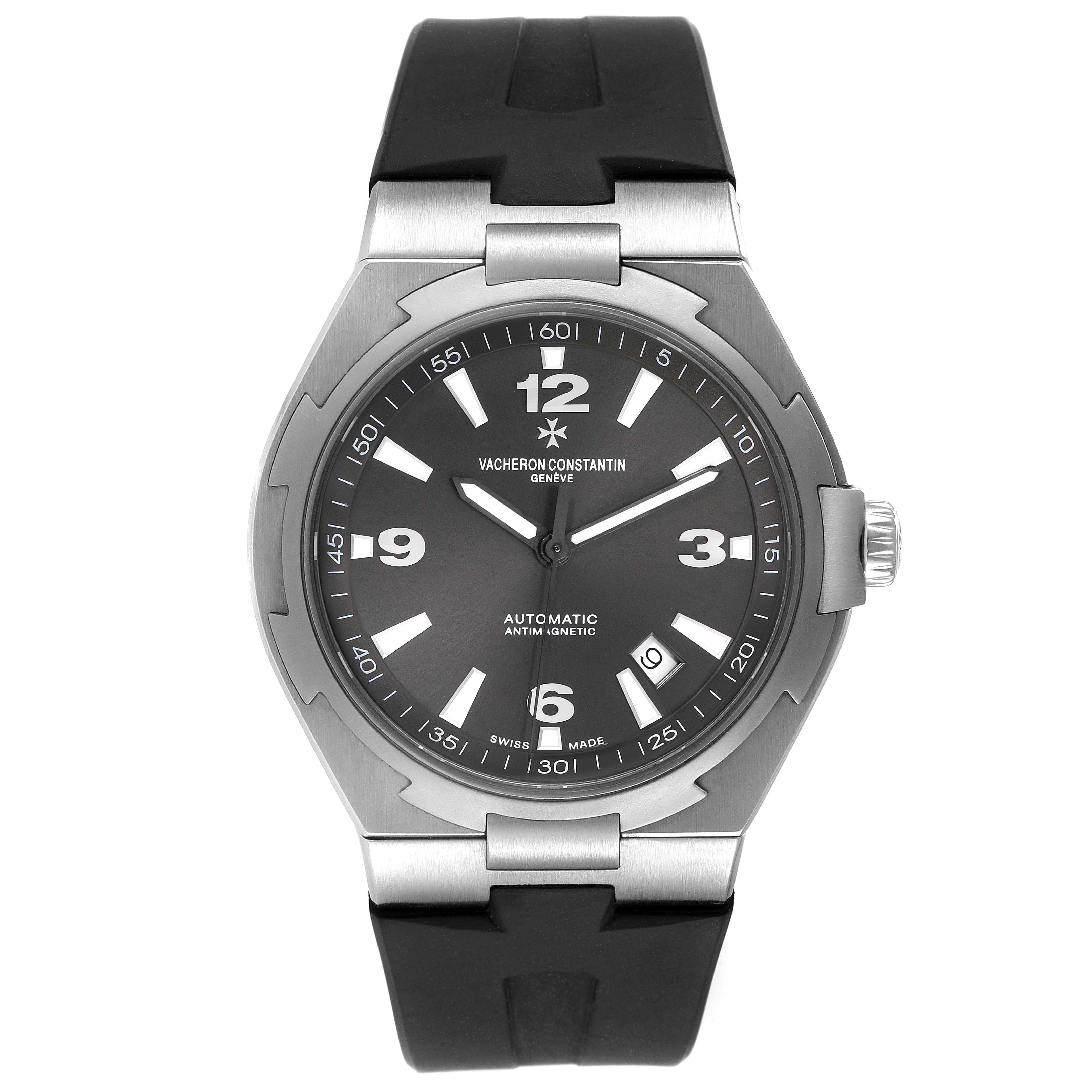 The image shows a front view of the Vacheron Constantin Overseas 47040 Men's Stainless Steel Grey Dial watch, highlighting the dial, bezel, and strap.